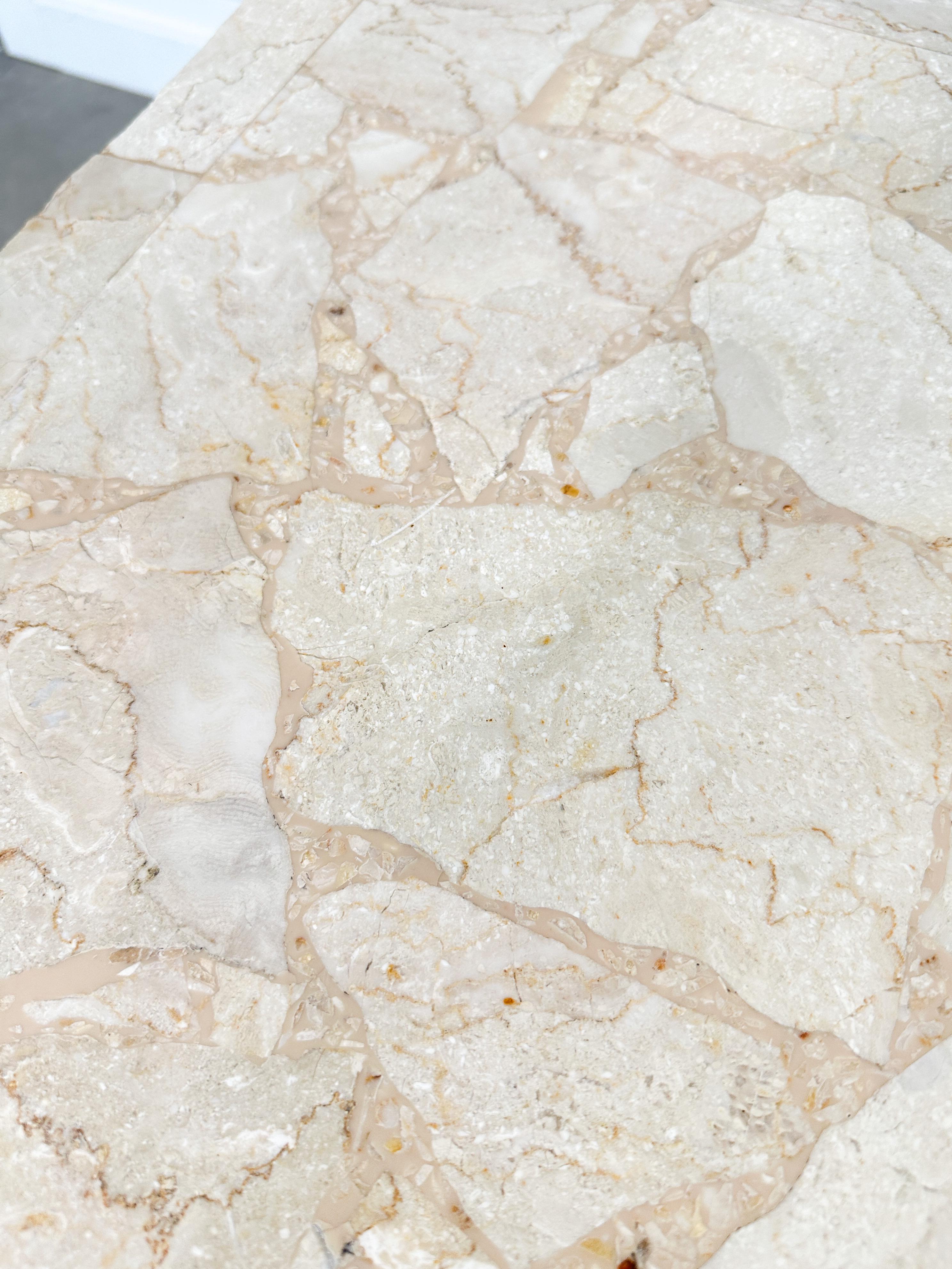 1991 Postmodern Mosaic Marble and Travertine Side Tables Pair For Sale 1