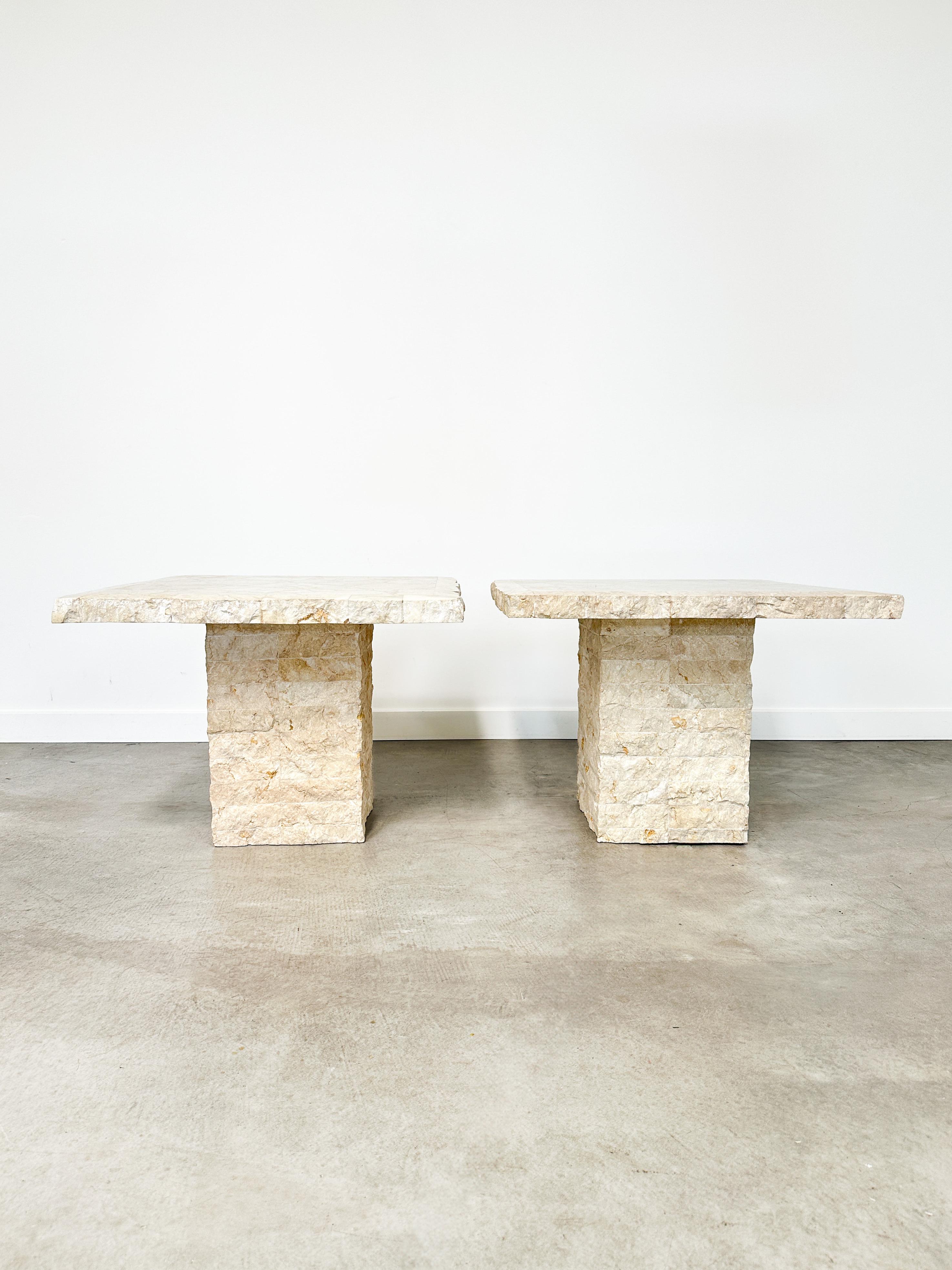 1991 Postmodern Mosaic Marble and Travertine Side Tables Pair For Sale 2
