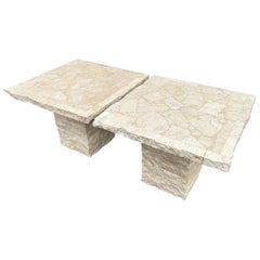 1991 Postmodern Mosaic Marble and Travertine Side Tables Pair