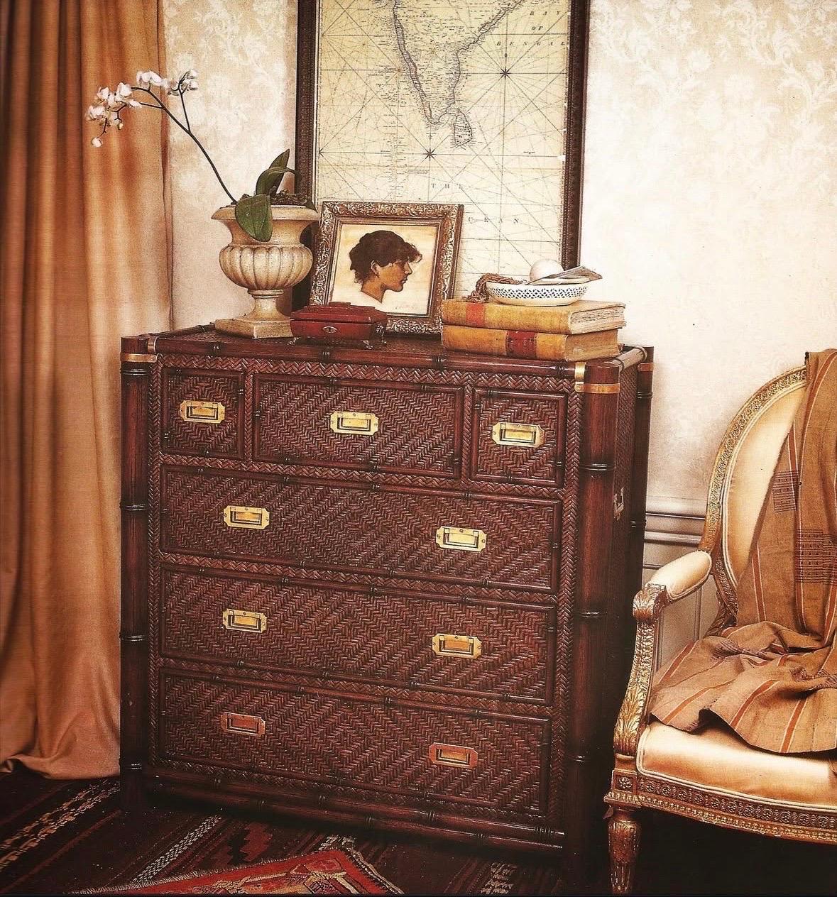 We are very pleased to offer a Senegal chest circa 1991, from the esteemed early collections of Ralph Lauren Home. Wrapped in handwoven herringbone rattan and framed with faux bamboo molding, it’s accented with brass corner caps and campaign-style