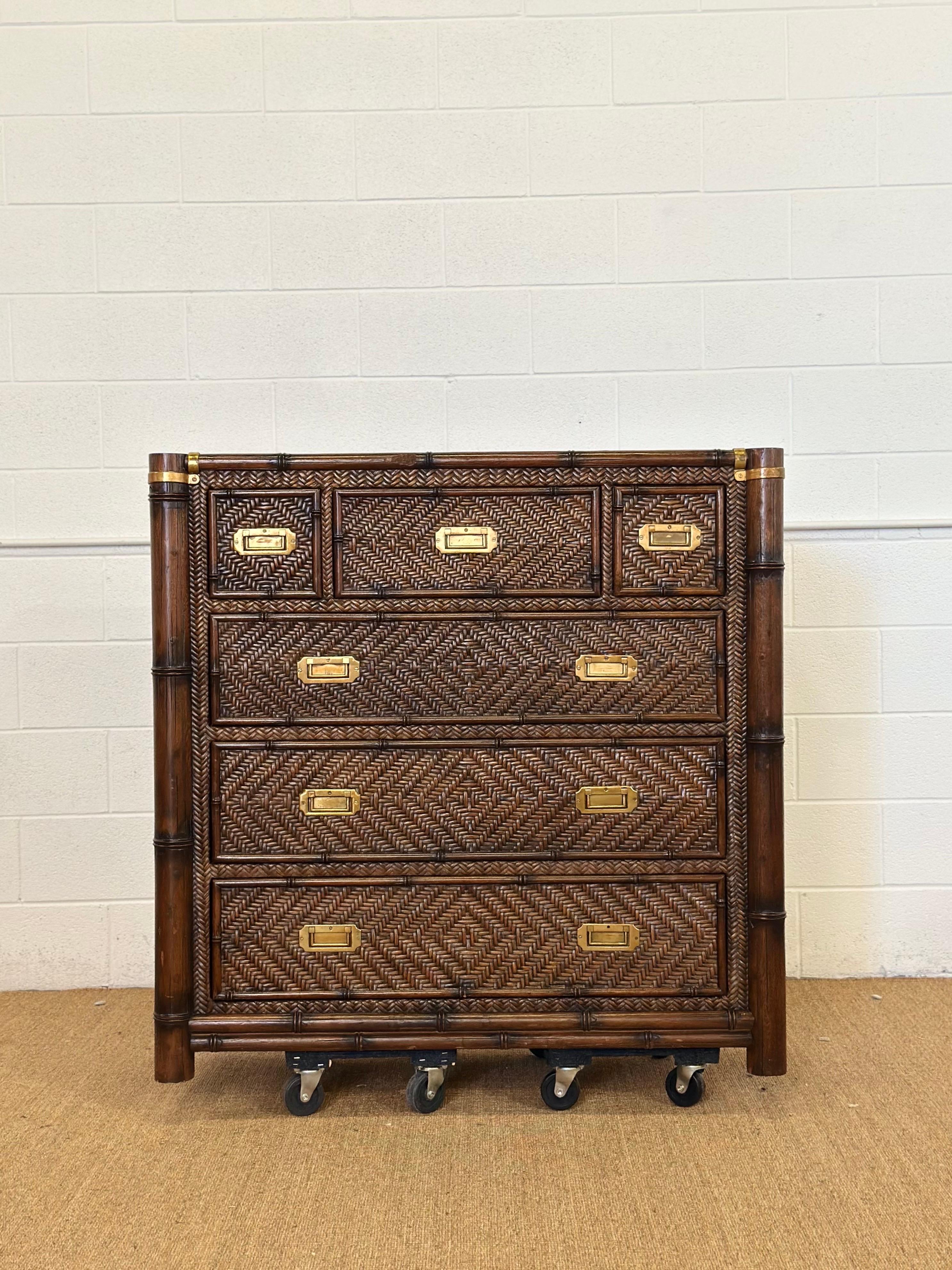 American 1991 Rare Ralph Lauren Senegal Rattan & Faux Bamboo Campaign Chest of Drawers For Sale