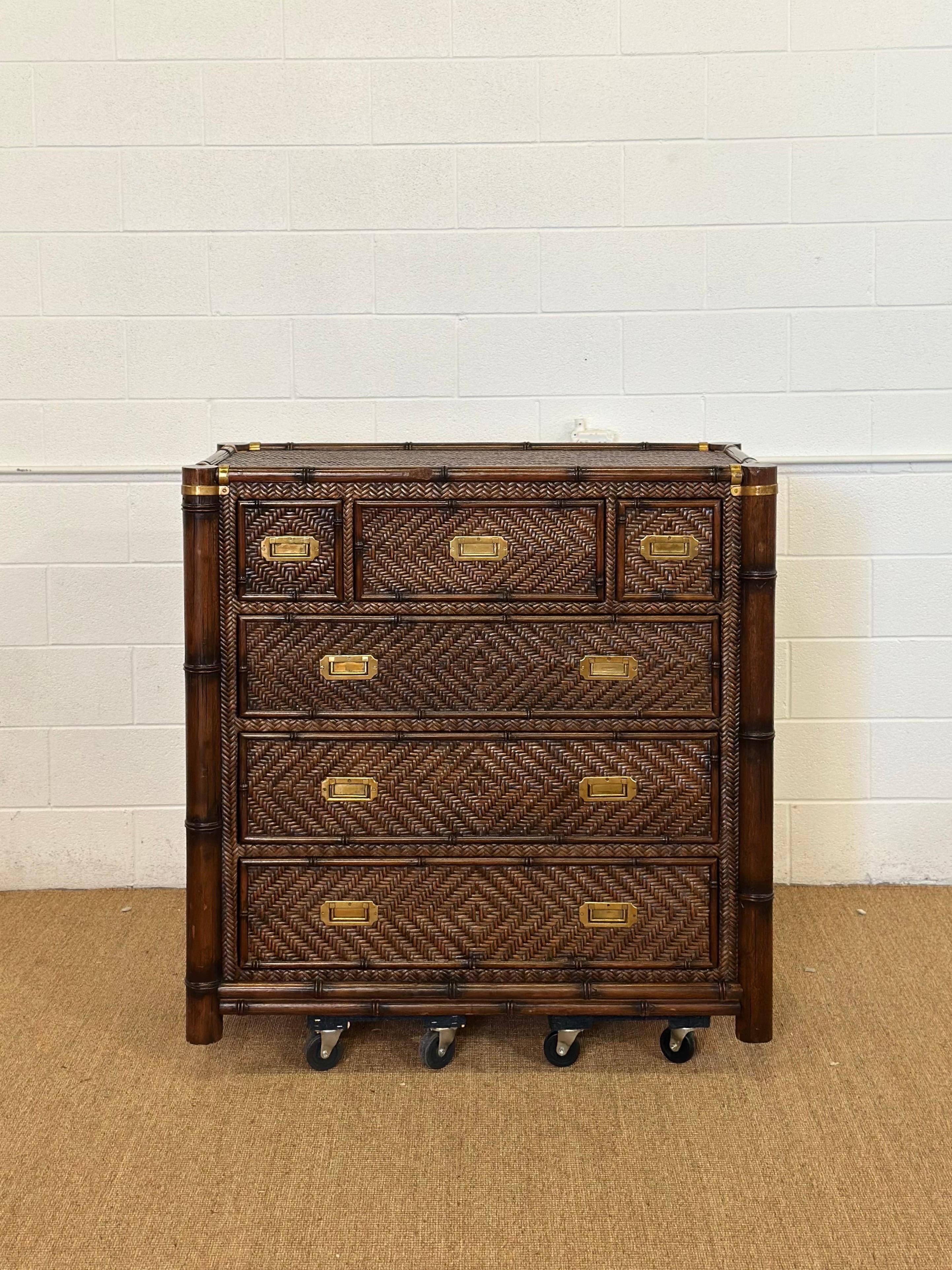 1991 Rare Ralph Lauren Senegal Rattan & Faux Bamboo Campaign Chest of Drawers In Good Condition For Sale In Farmington Hills, MI
