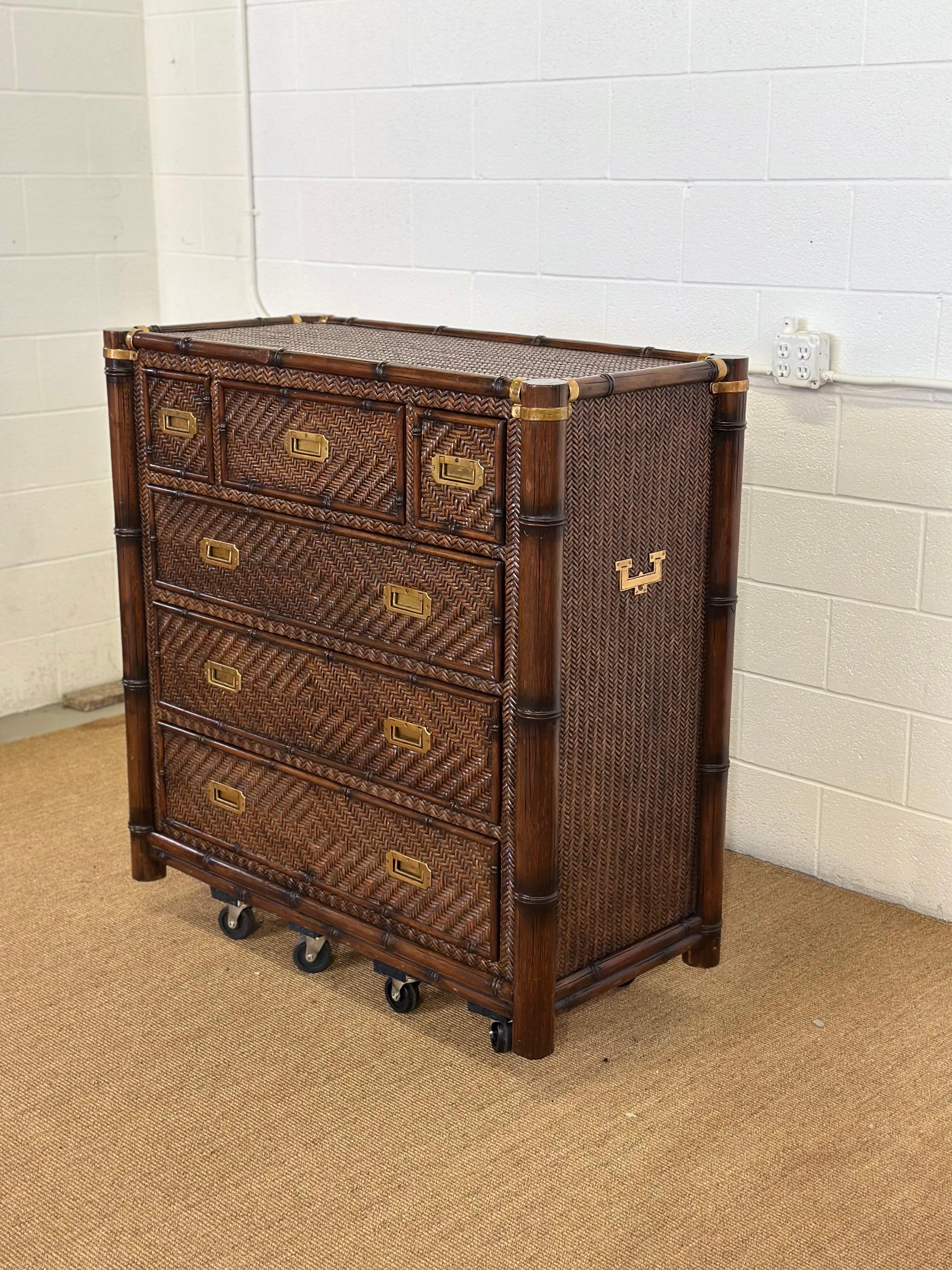 Brass 1991 Rare Ralph Lauren Senegal Rattan & Faux Bamboo Campaign Chest of Drawers For Sale