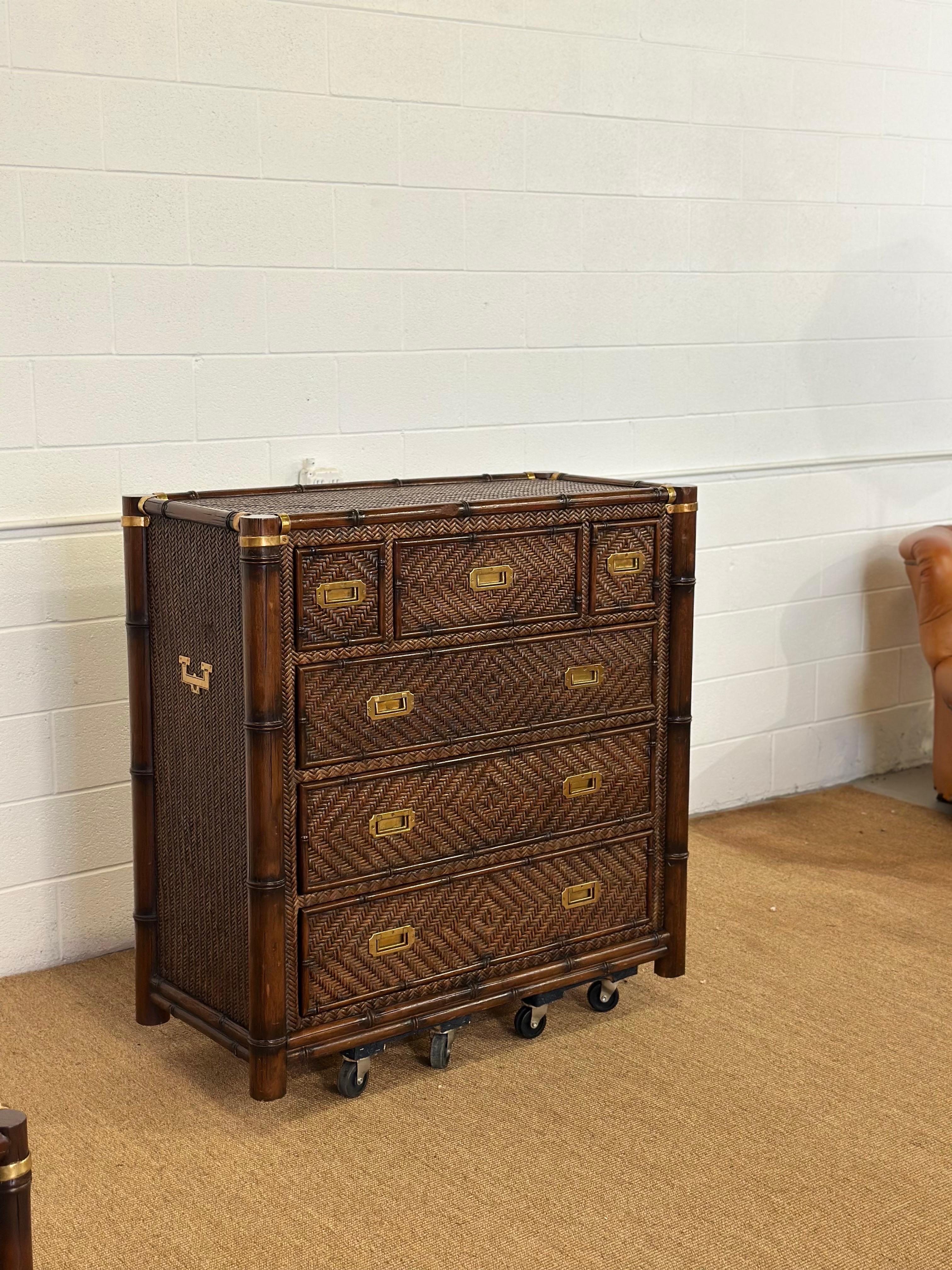 1991 Rare Ralph Lauren Senegal Rattan & Faux Bamboo Campaign Chest of Drawers For Sale 1