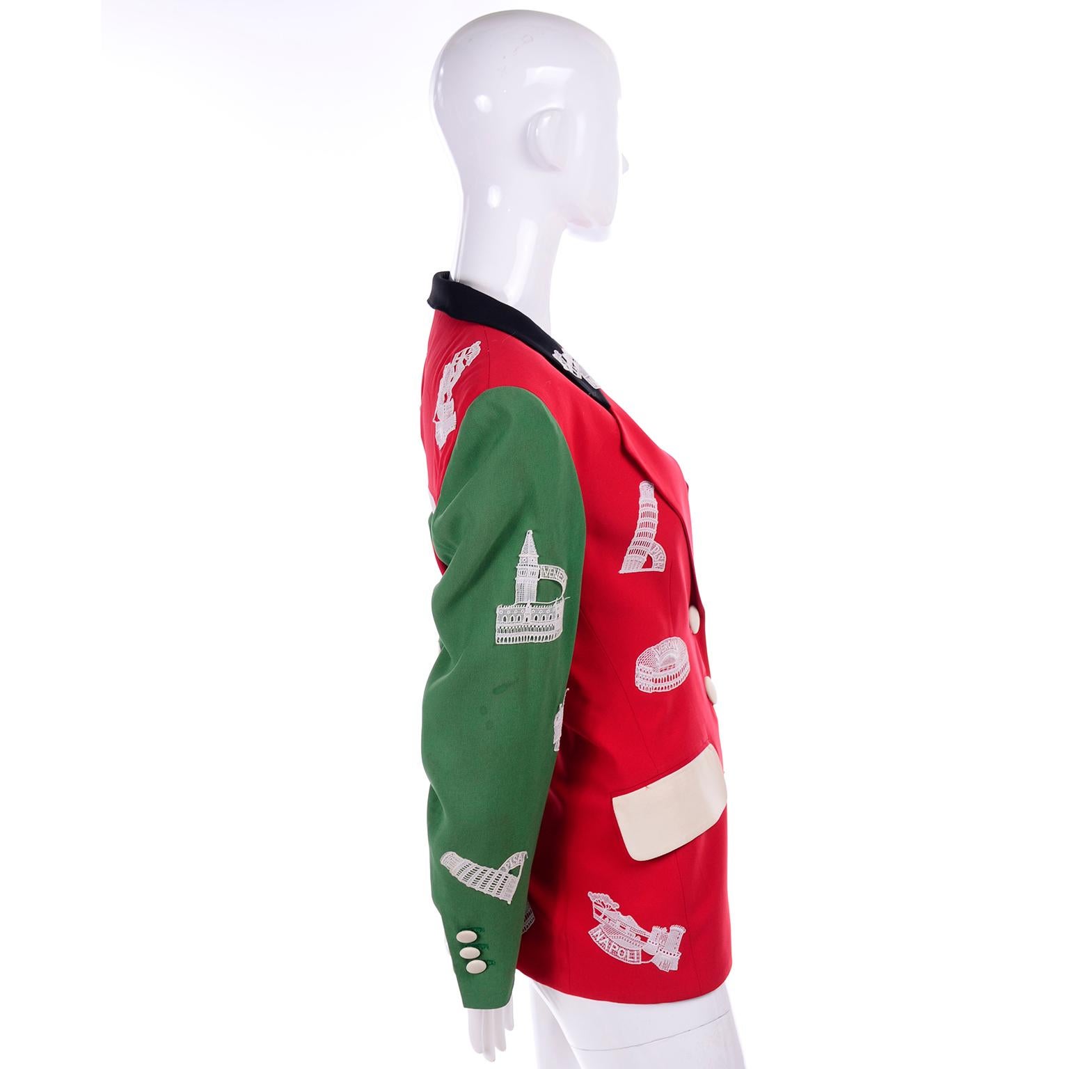 1991 Red & Green Moschino Couture Vintage Camp Jacket W Lace Italian Landmarks In Good Condition In Portland, OR