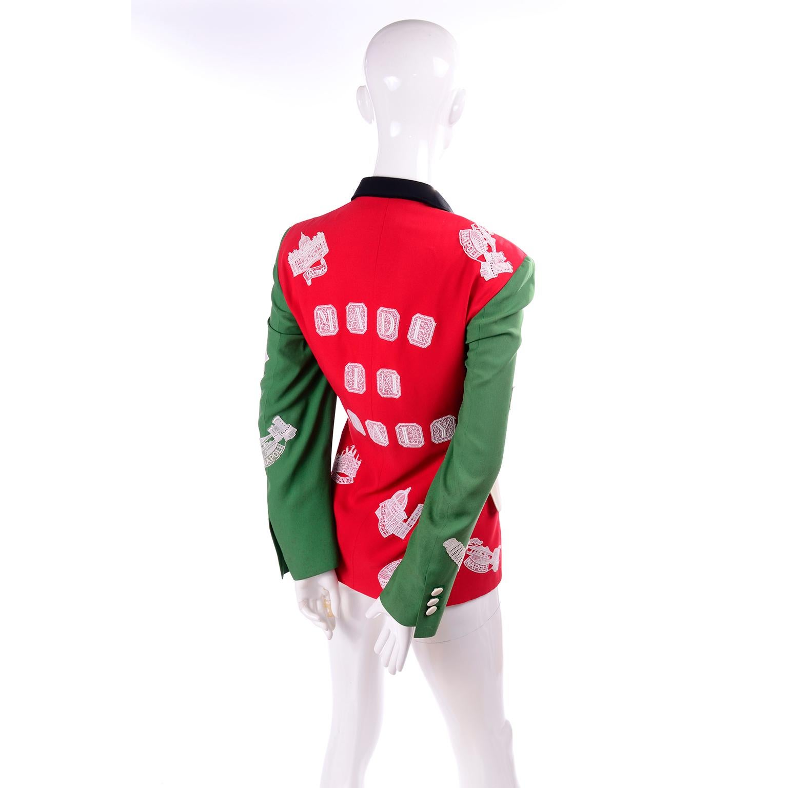 Women's 1991 Red & Green Moschino Couture Vintage Camp Jacket W Lace Italian Landmarks