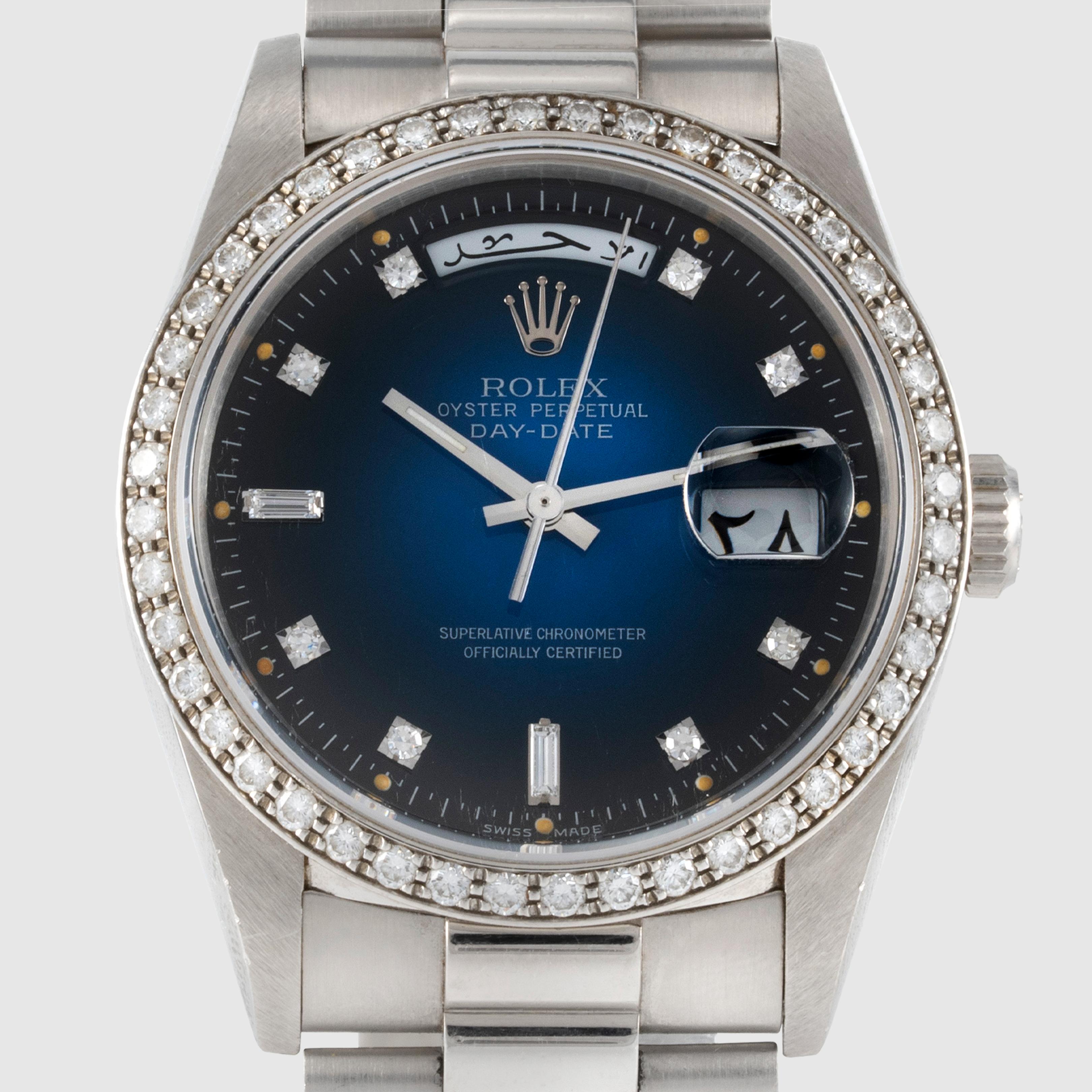 1991 Rolex Day Date Platin Blau Vignette Zifferblatt Ref. 18346 im Zustand „Gut“ im Angebot in Dubai, AE