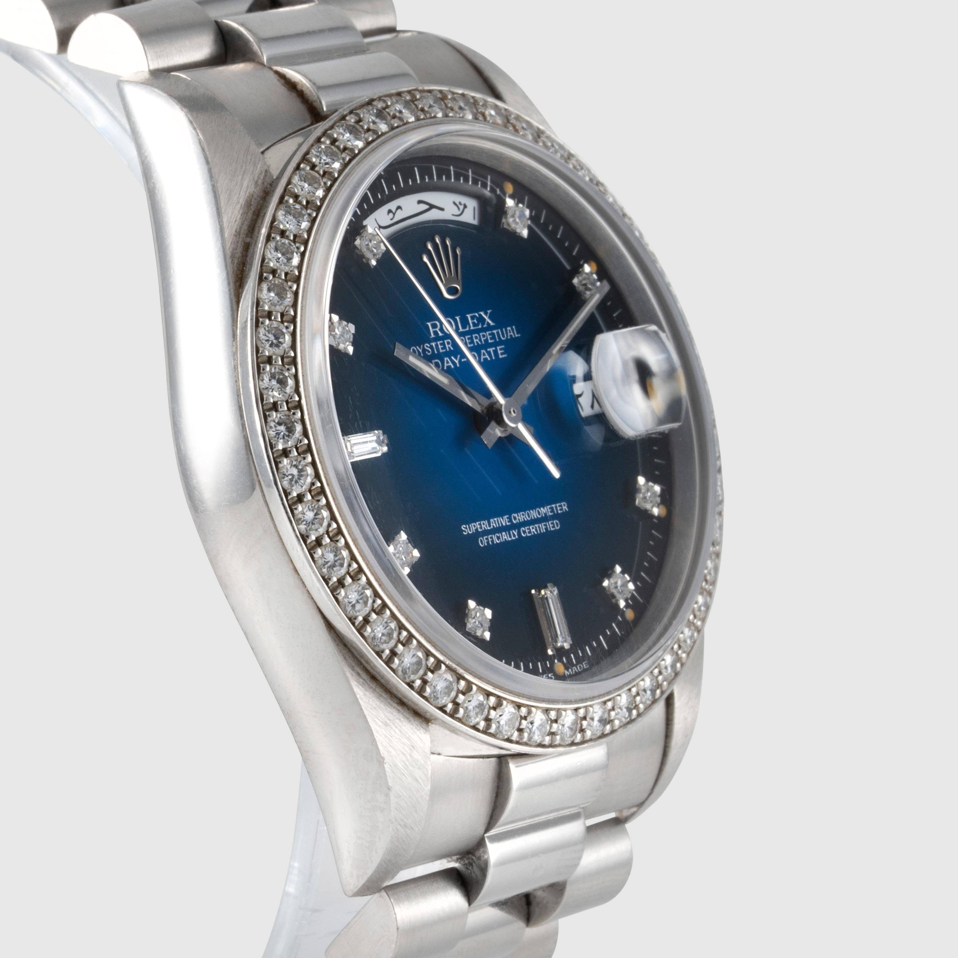 1991 Rolex Day Date Platin Blau Vignette Zifferblatt Ref. 18346 Herren im Angebot