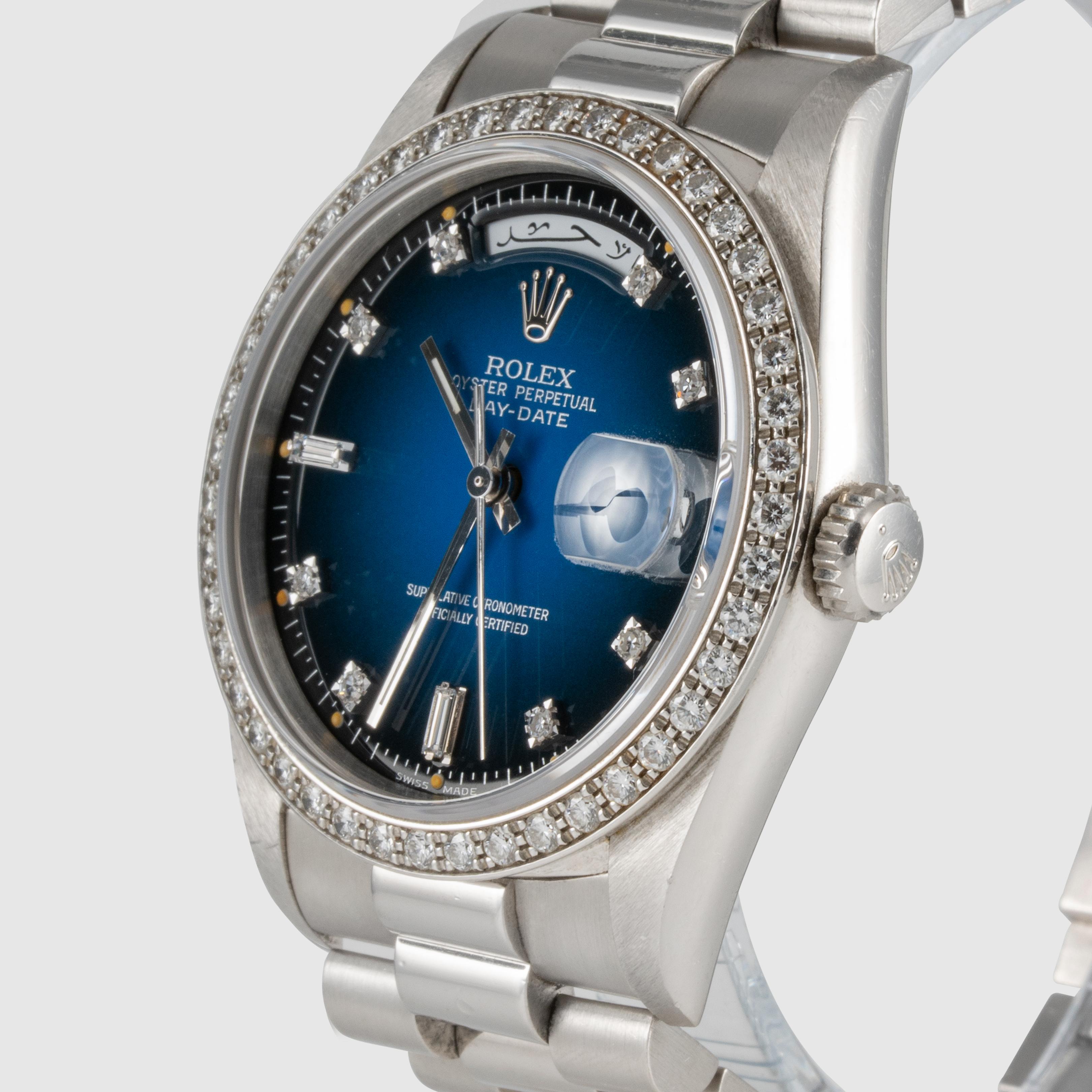 1991 Rolex Day Date Platin Blau Vignette Zifferblatt Ref. 18346 im Angebot 1