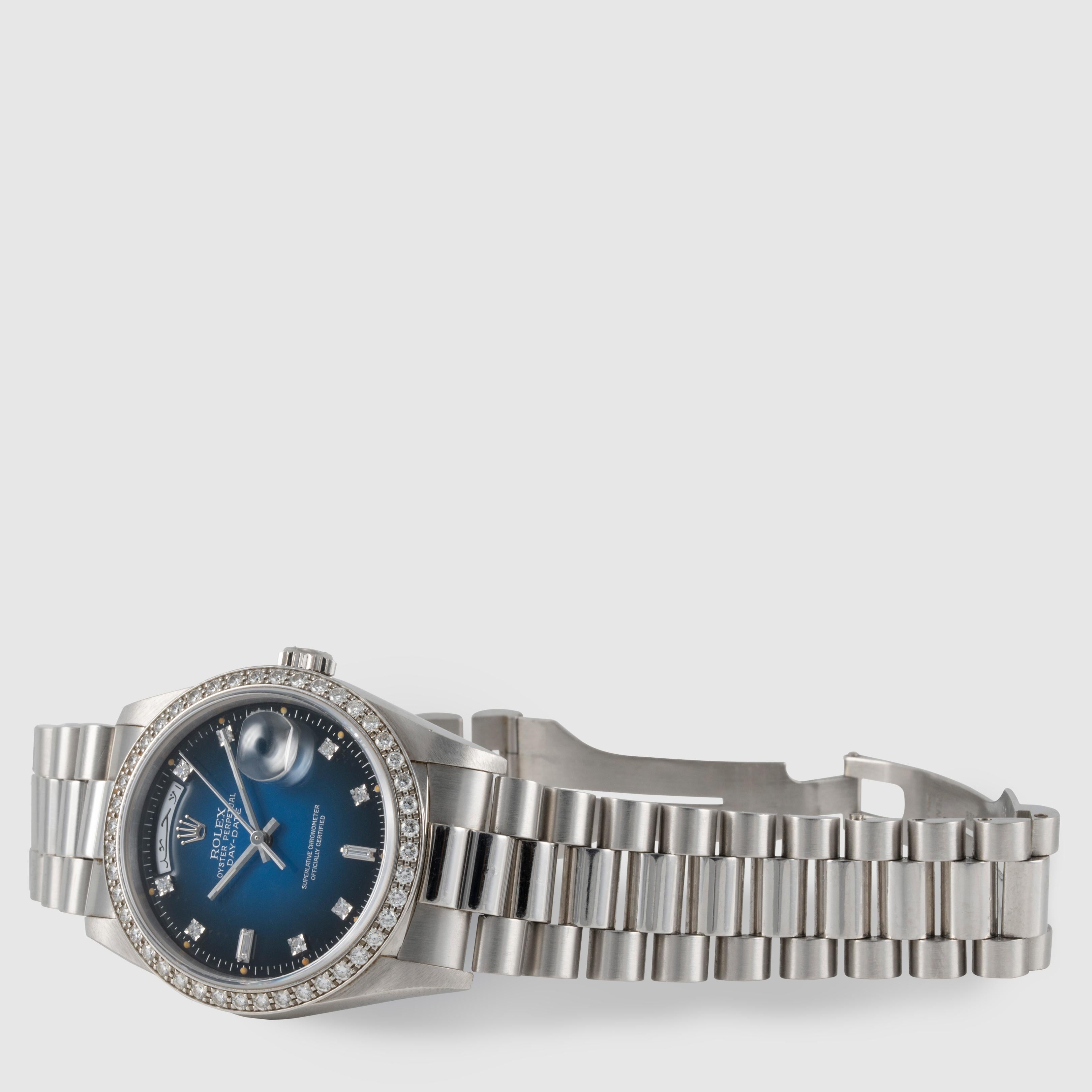 1991 Rolex Day Date Platin Blau Vignette Zifferblatt Ref. 18346 im Angebot 3