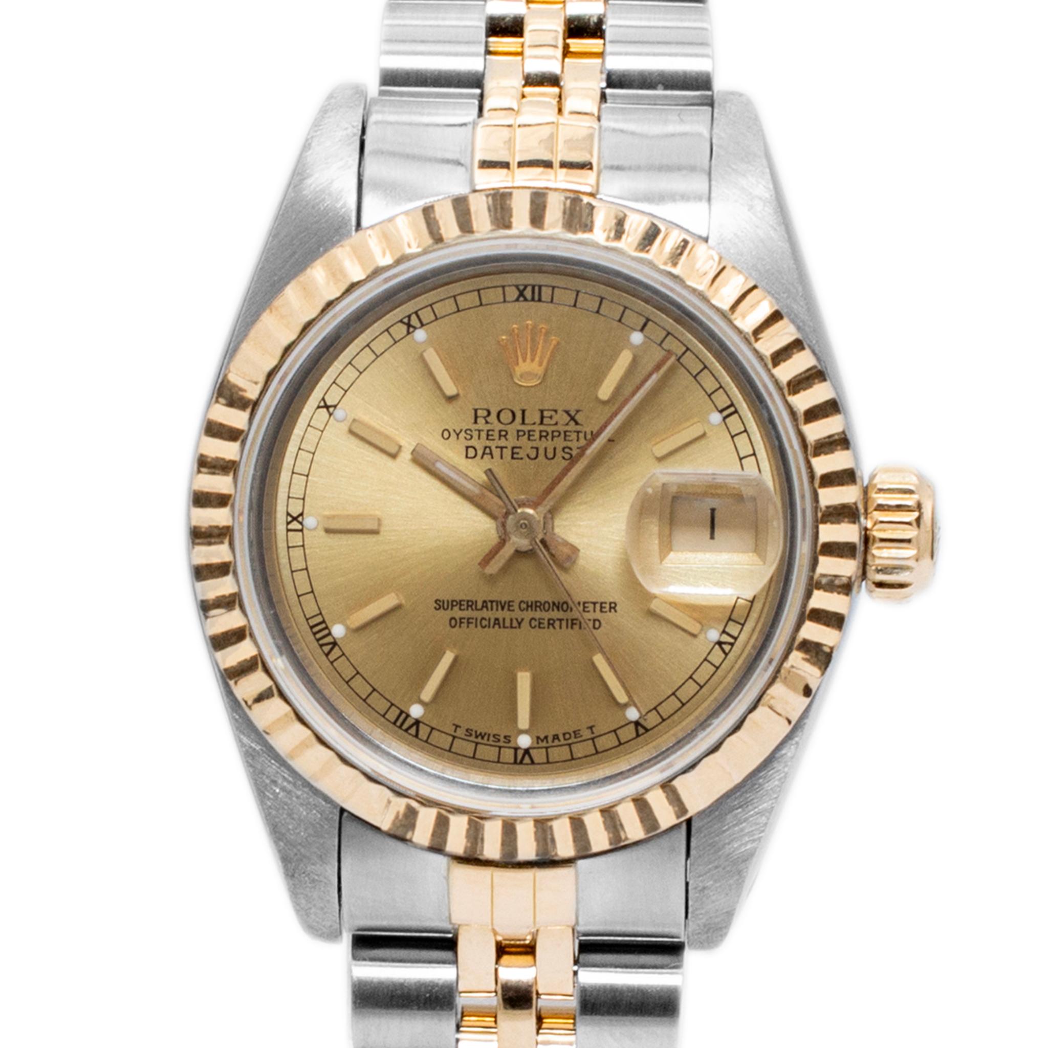 Brand: ROLEX

Gender: Ladies

Material: 18K Yellow Gold & Stainless Steel

Diameter: 26.00 mm

Weight: 54.09 grams

One ladies, 18K yellow gold and stainless steel, ROLEX Swiss made watch. The metals were tested and determined to be 18K yellow gold