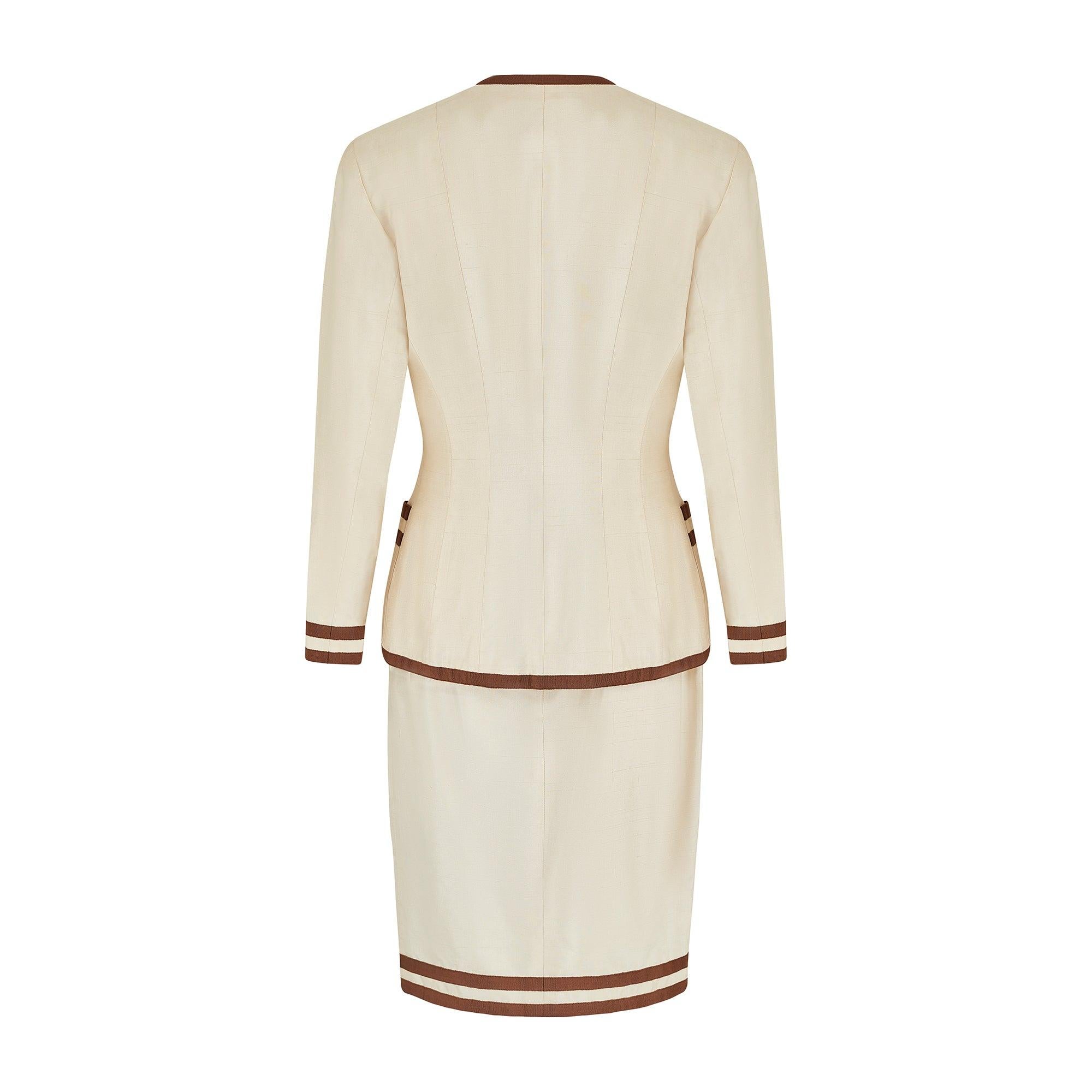 White 1991 Runway Chanel Cream and Brown Skirt Suit For Sale