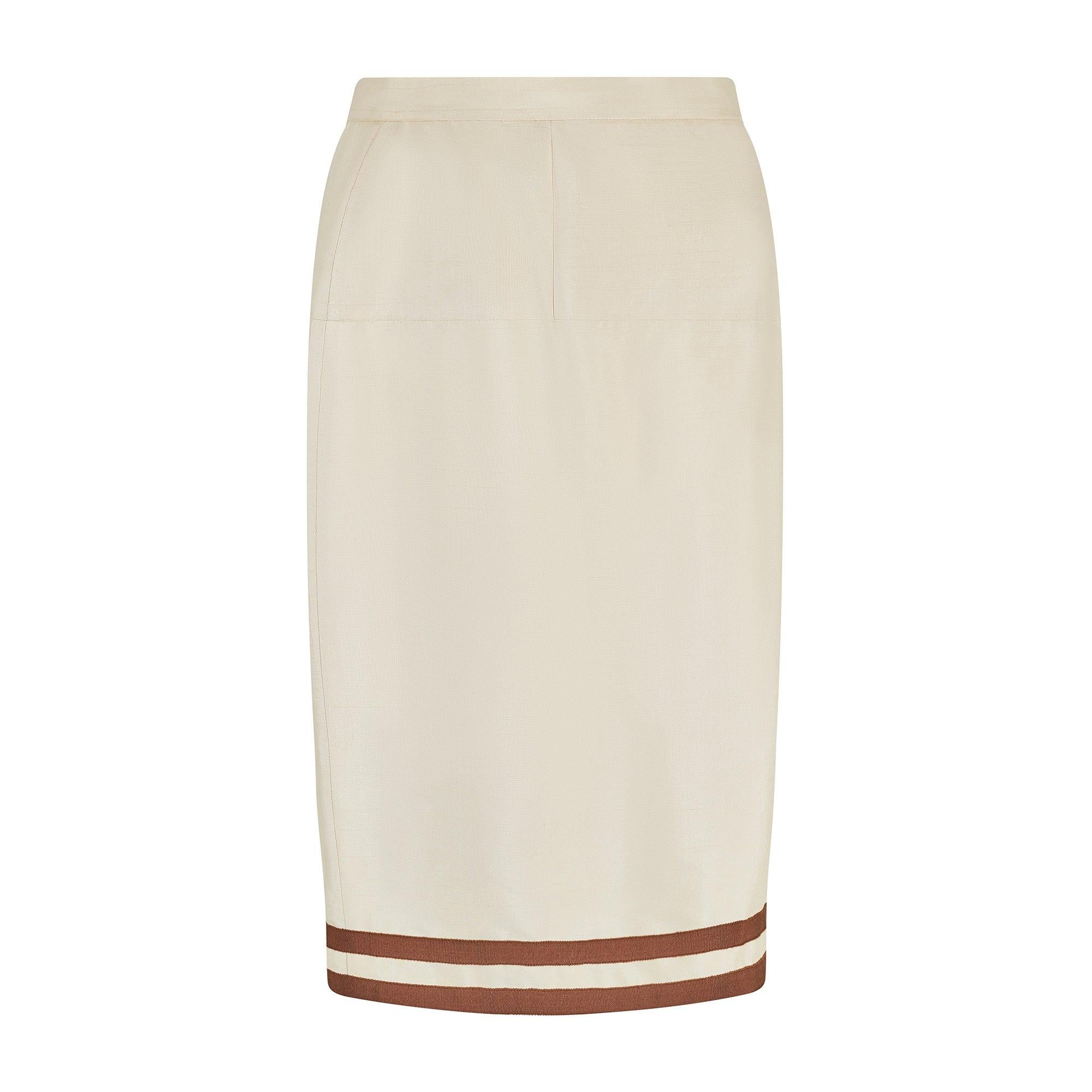 1991 Runway Chanel Cream and Brown Skirt Suit In Excellent Condition For Sale In London, GB
