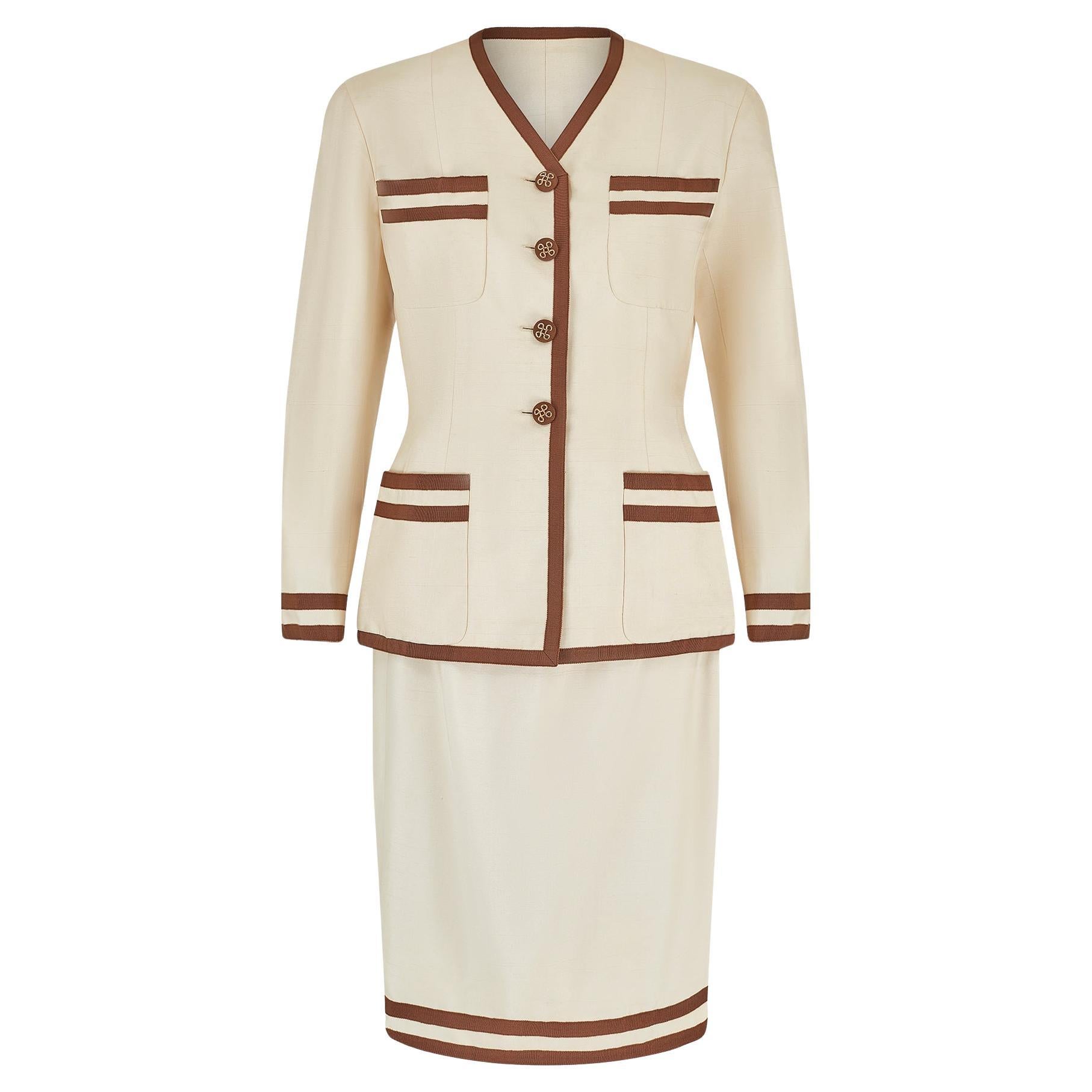 1991 Runway Chanel Cream and Brown Skirt Suit For Sale