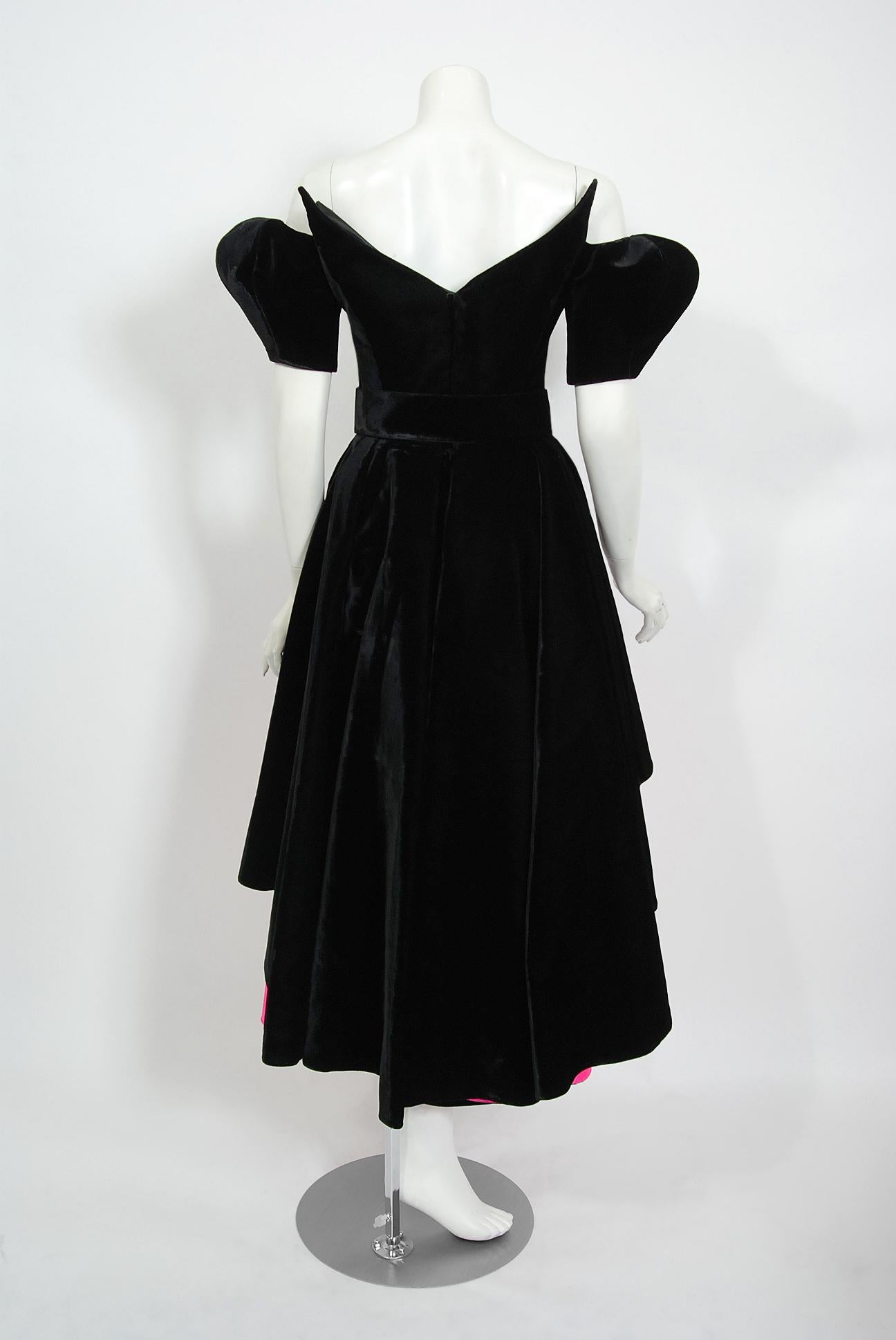 Vintage 1991 Thierry Mugler Runway Black Velvet Fuchsia-Pink Silk High Low Gown 6