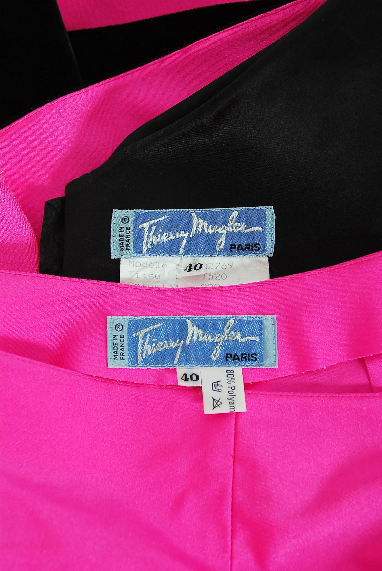 Vintage 1991 Thierry Mugler Runway Black Velvet Fuchsia-Pink Silk High Low Gown 7