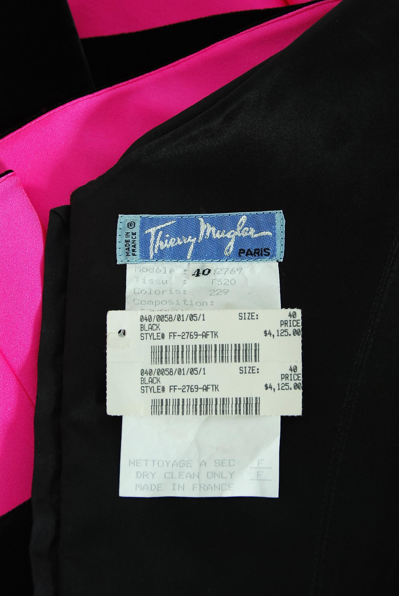 Vintage 1991 Thierry Mugler Runway Black Velvet Fuchsia-Pink Silk High Low Gown 8