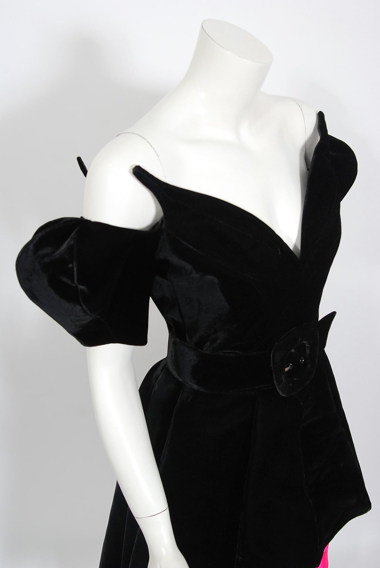 Women's Vintage 1991 Thierry Mugler Runway Black Velvet Fuchsia-Pink Silk High Low Gown