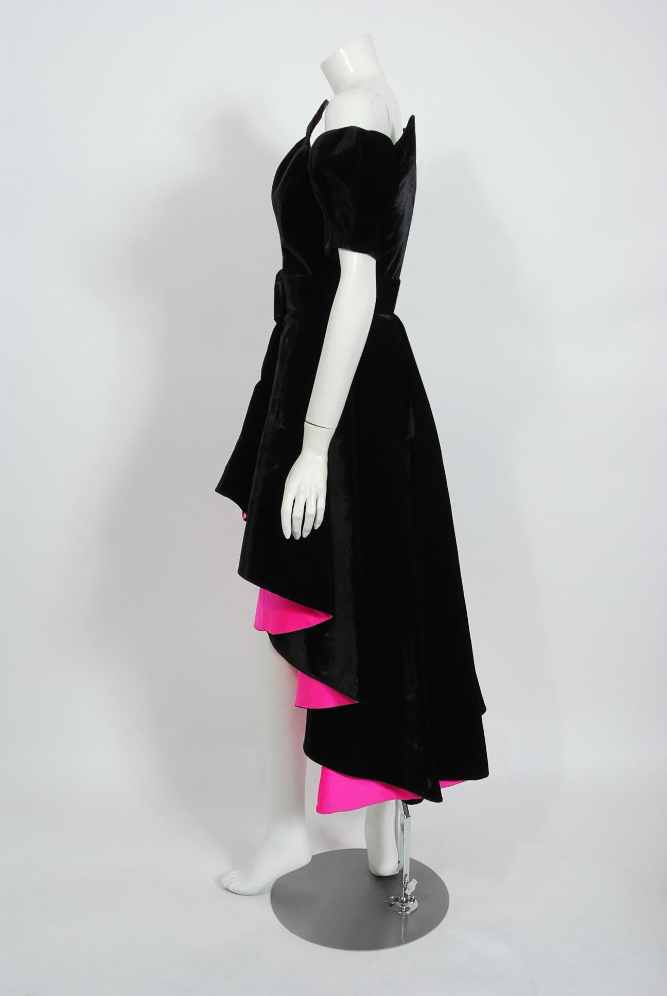 Vintage 1991 Thierry Mugler Runway Black Velvet Fuchsia-Pink Silk High Low Gown 2