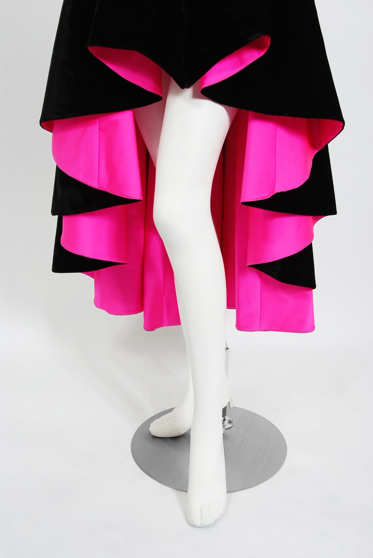 Vintage 1991 Thierry Mugler Runway Black Velvet Fuchsia-Pink Silk High Low Gown 4