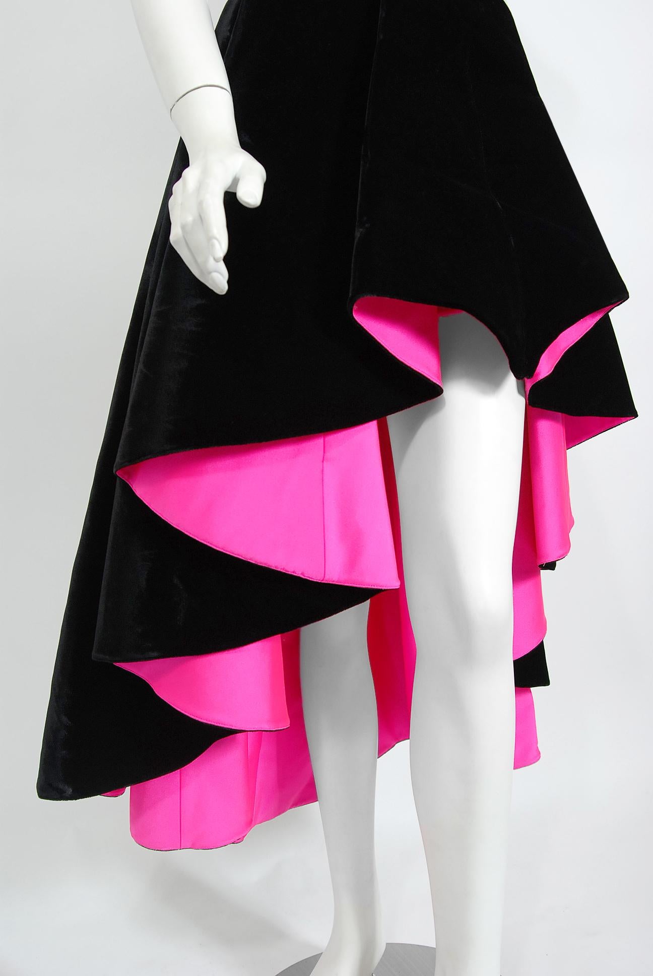 Vintage 1991 Thierry Mugler Runway Black Velvet Fuchsia-Pink Silk High Low Gown 5
