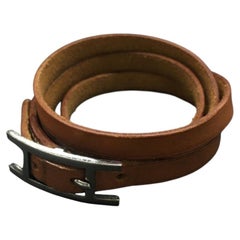 1991 Triple Wrap Brown Leather Silver Tone Bracelet by Hermes