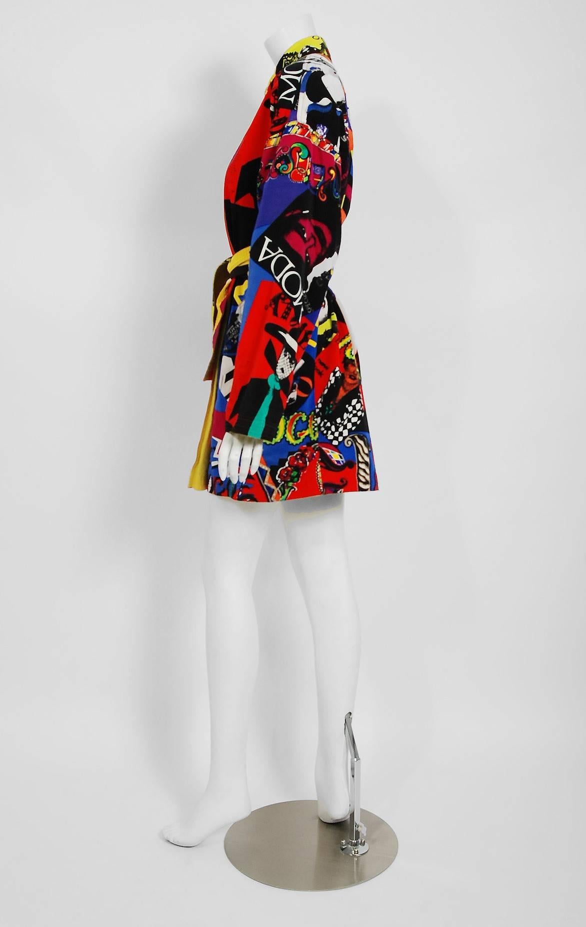 Red Vintage 1991 Versace Couture Colorful Vogue Print Reversible Belted Trench Coat