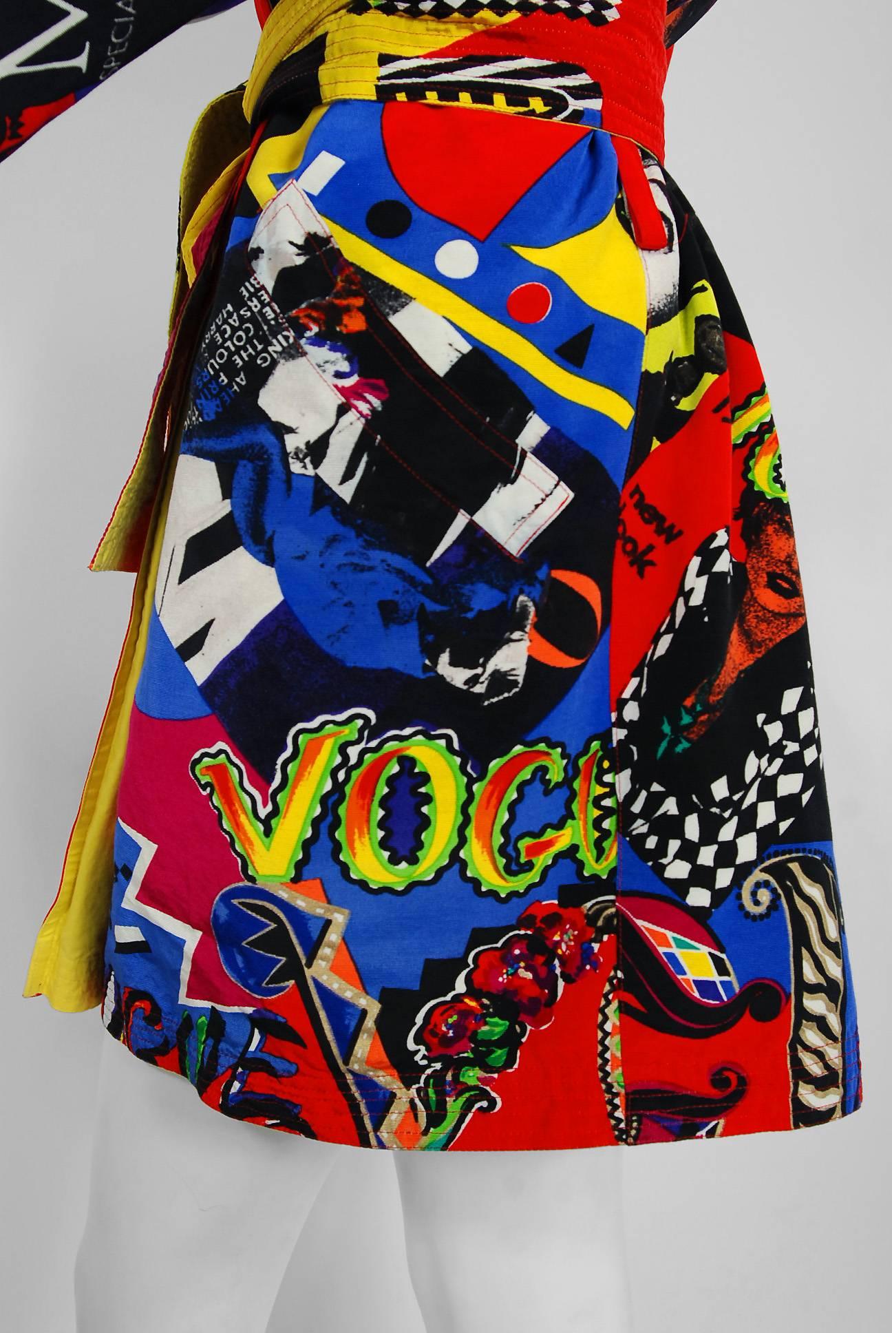 Women's or Men's Vintage 1991 Versace Couture Colorful Vogue Print Reversible Belted Trench Coat