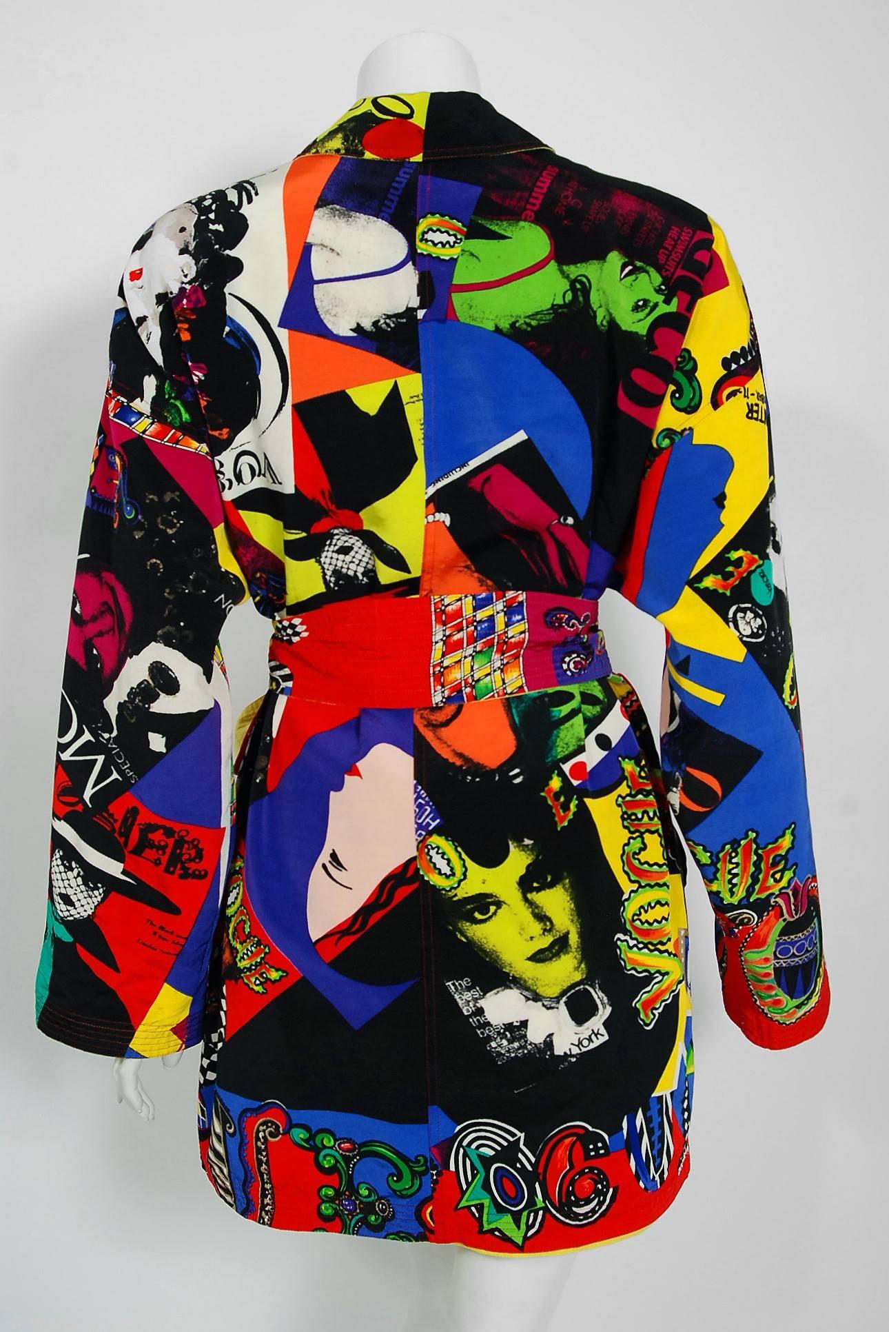 Vintage 1991 Versace Couture Colorful Vogue Print Reversible Belted Trench Coat 1