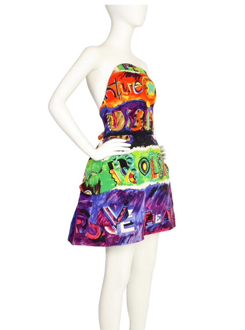 1991 VERSACE VINTAGE COLORFUL ABSTRACT PRIN STRUCTURED DRESS Sz IT 42 1