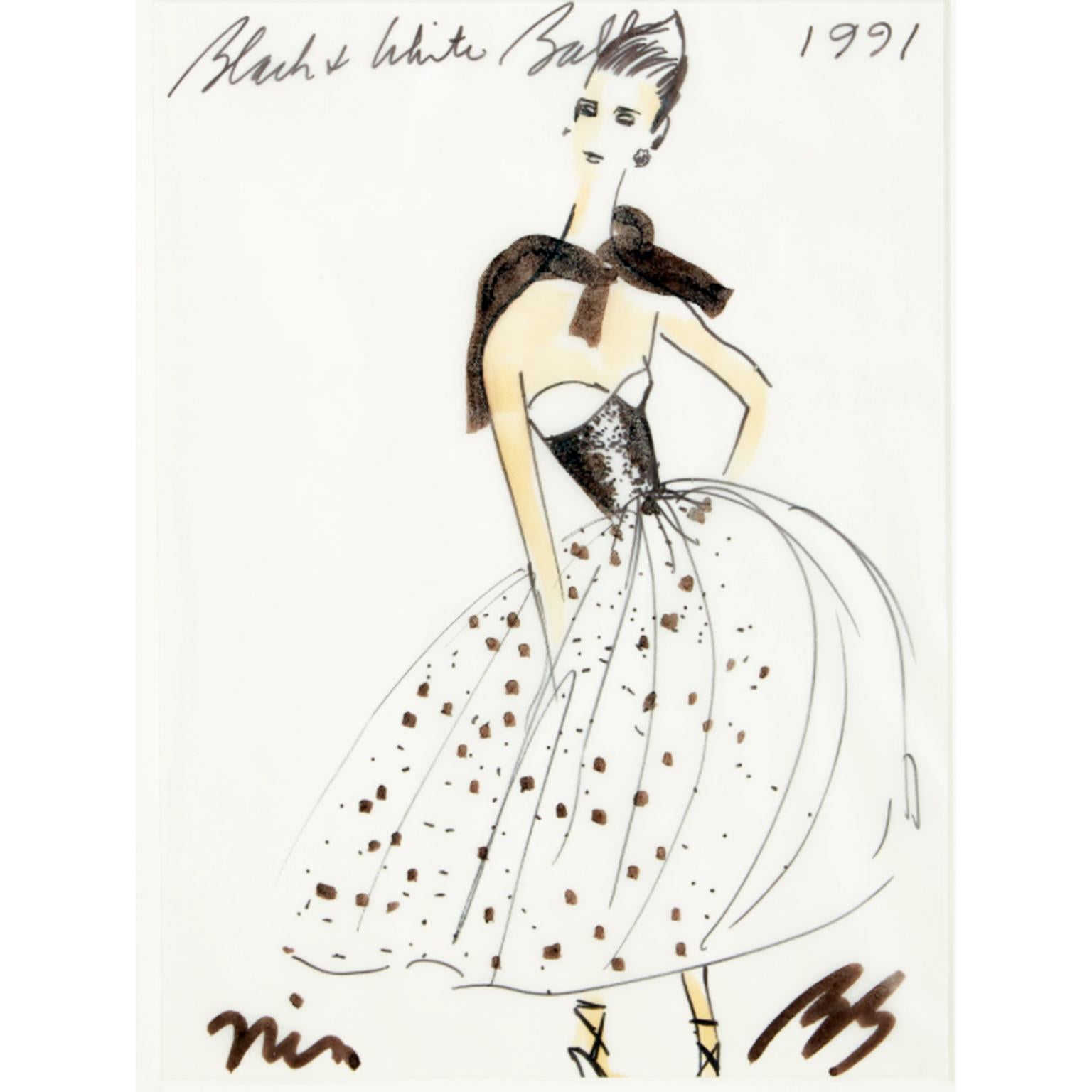 1991 Vintage Bill Blass Dress W Black & White Evening Dress w Tulle & Sequins 10