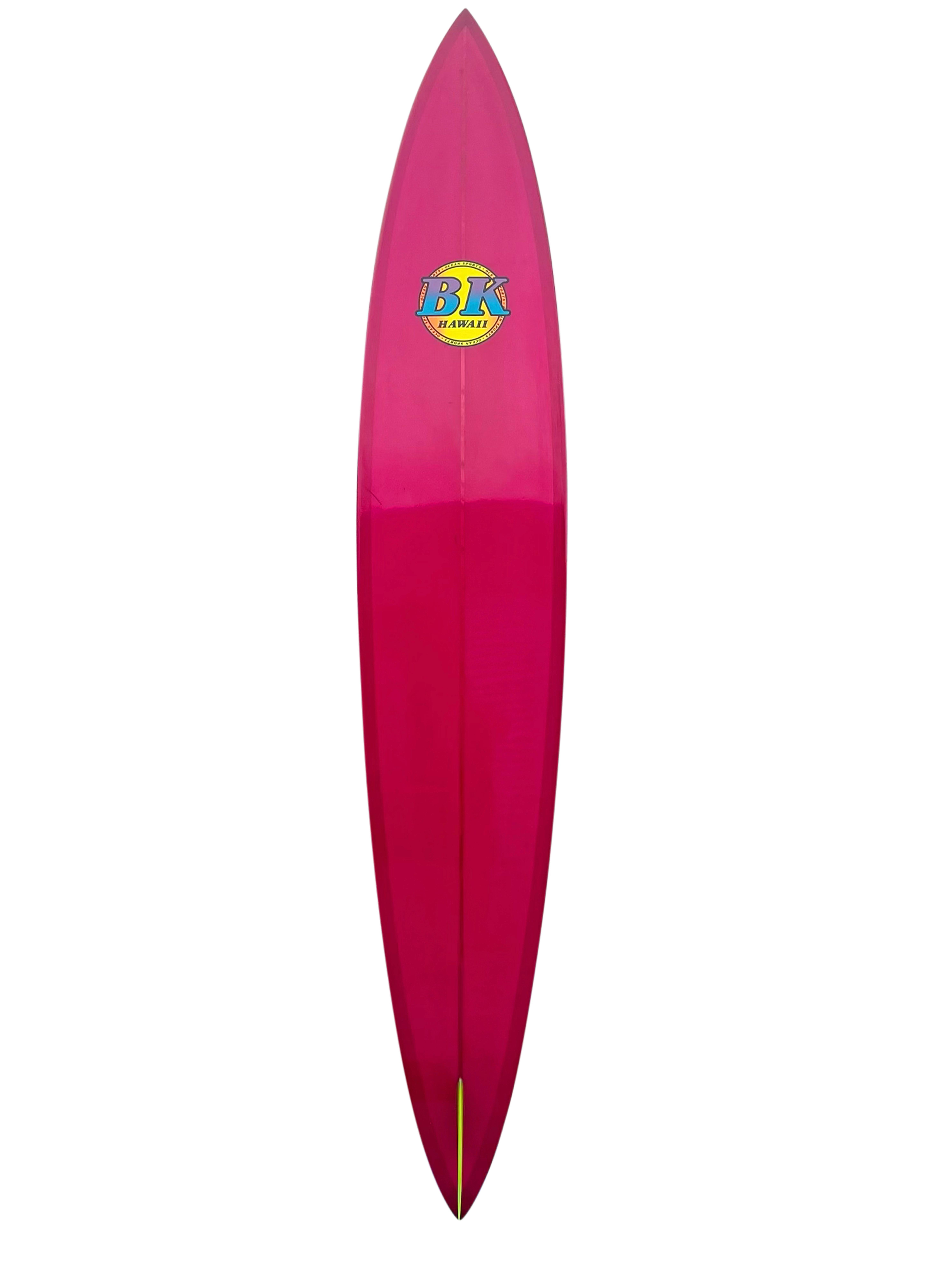 1991 vintage BK Hawaii big wave surfboard made by Barry Kanaiaupuni. Features pintail shape with striking magenta color tint and neon yellow fin. A superb example of a vintage big wave surfboard made to ride giant waves at Waimea Bay in Hawaii.