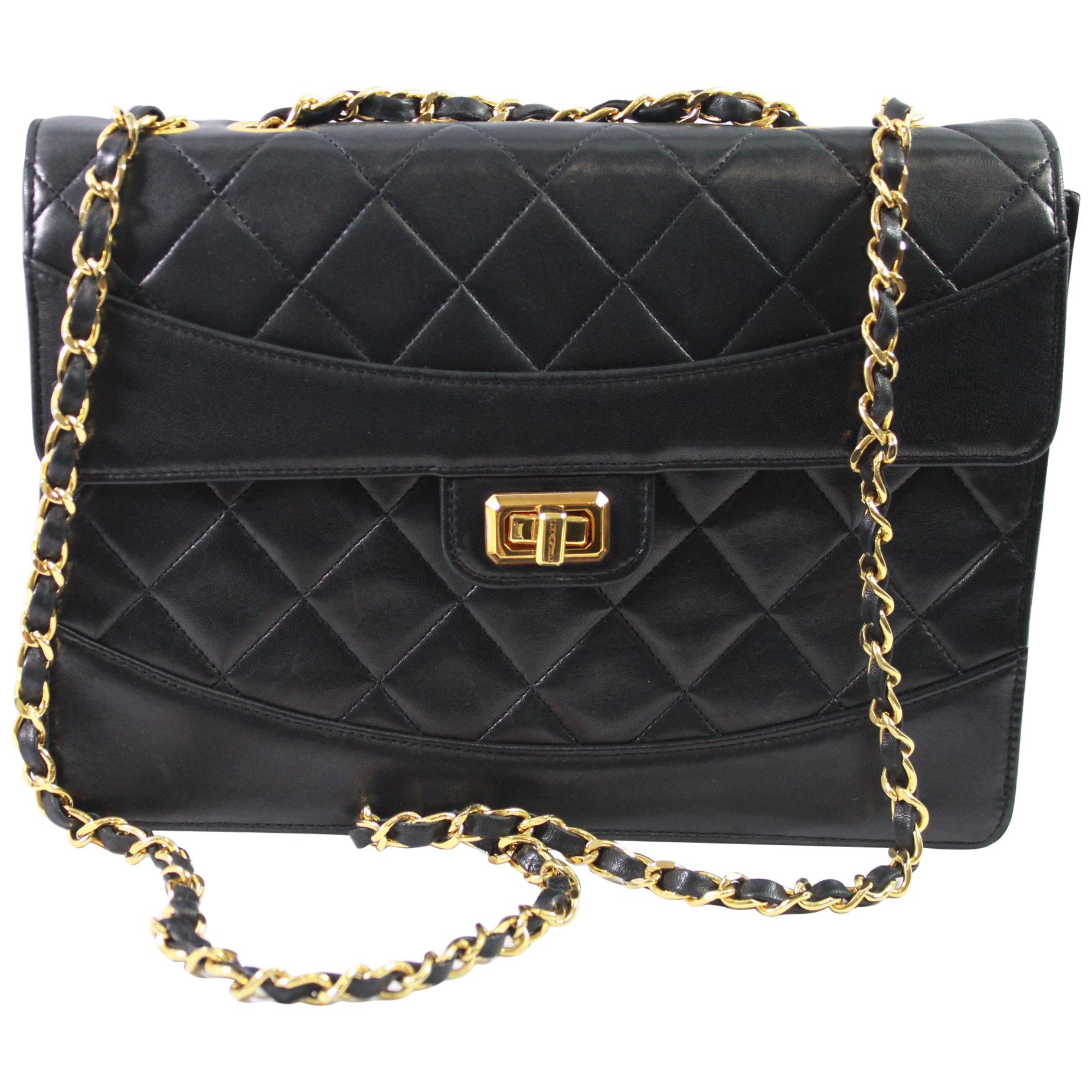 1991 Vintage Chanel Black Lambskin Leather Bag with 2.55 Golden ...