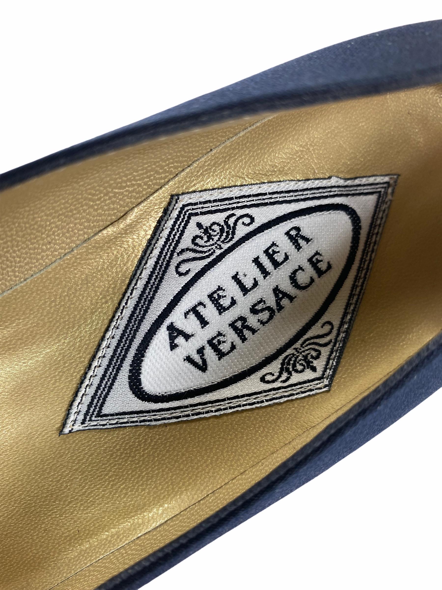 1991 Vintage Versace Atelier Black Satin Shoes 37 - 7 NWT For Sale 1