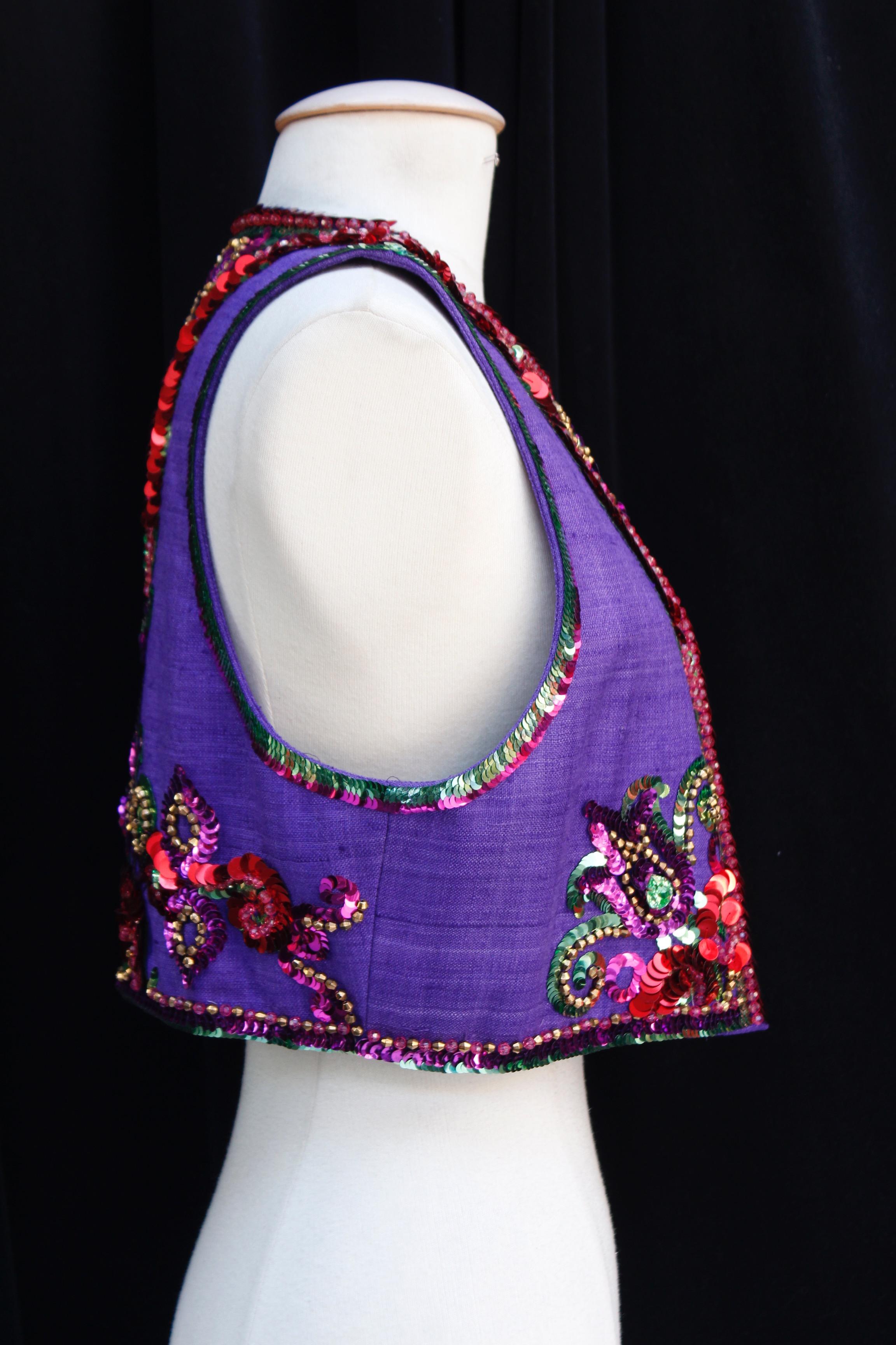 Purple 1991 Yves Saint Laurent gorgeous purple linen bolero with sequin embroideries For Sale