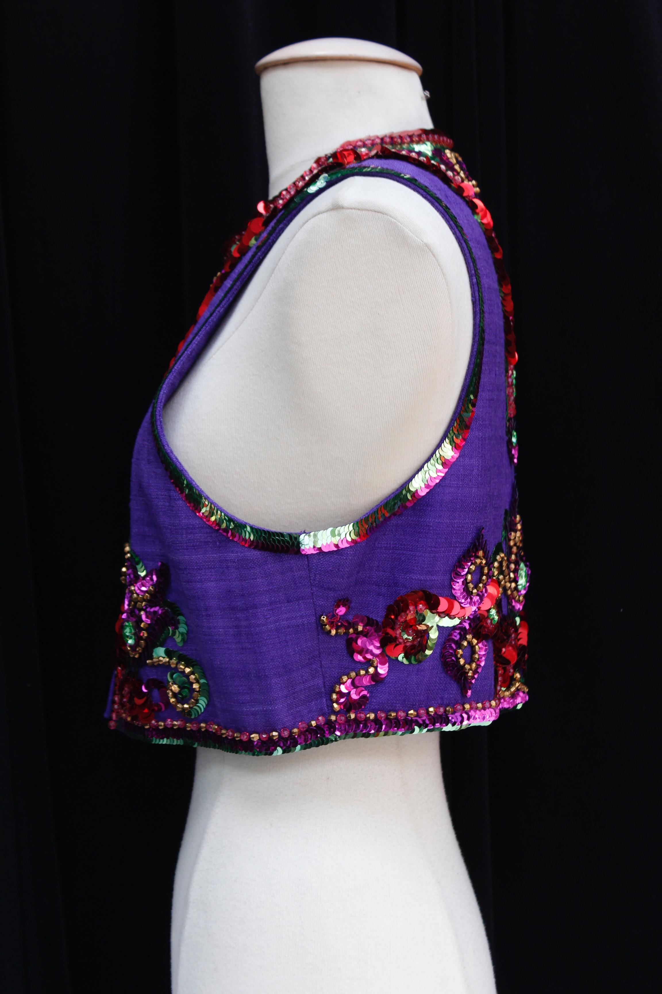 Women's 1991 Yves Saint Laurent gorgeous purple linen bolero with sequin embroideries For Sale