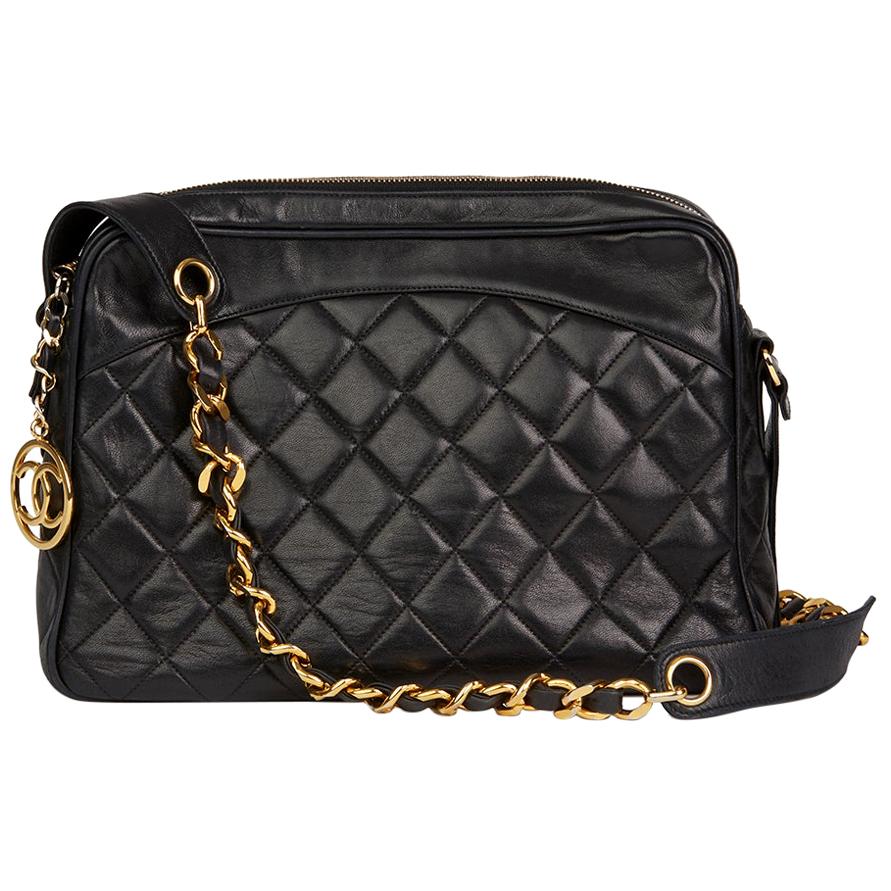 1991b Chanel Black Quilted Lambskin Vintage Timeless Charm Camera Bag 