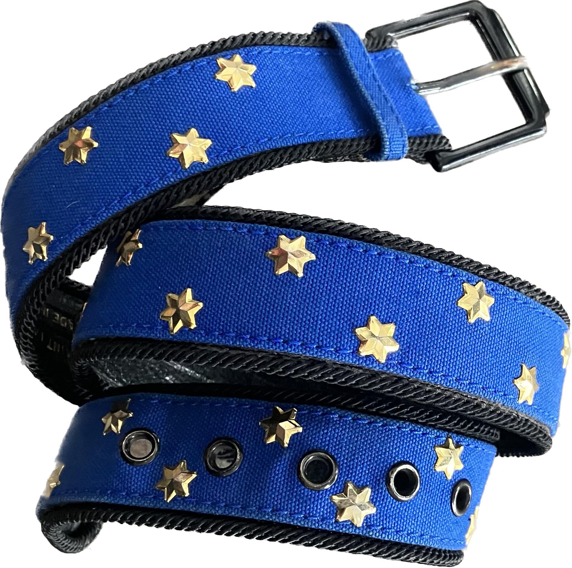 Blue Yves Saint Laurent YSL braided belt featuring blue cotton band, gold-ton stars on a black braided outline, inside black leather, an inside gold-tone stamp. 
Inside size stamp: 2
In good vintage condition. Made in France. 
Maxi Length (with