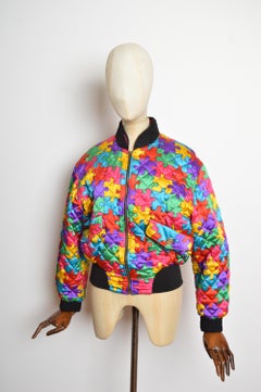1992 Ab Fab Franco Moschino Vintage Colourful Satin Jigsaw Puzzle Bomber Jacket