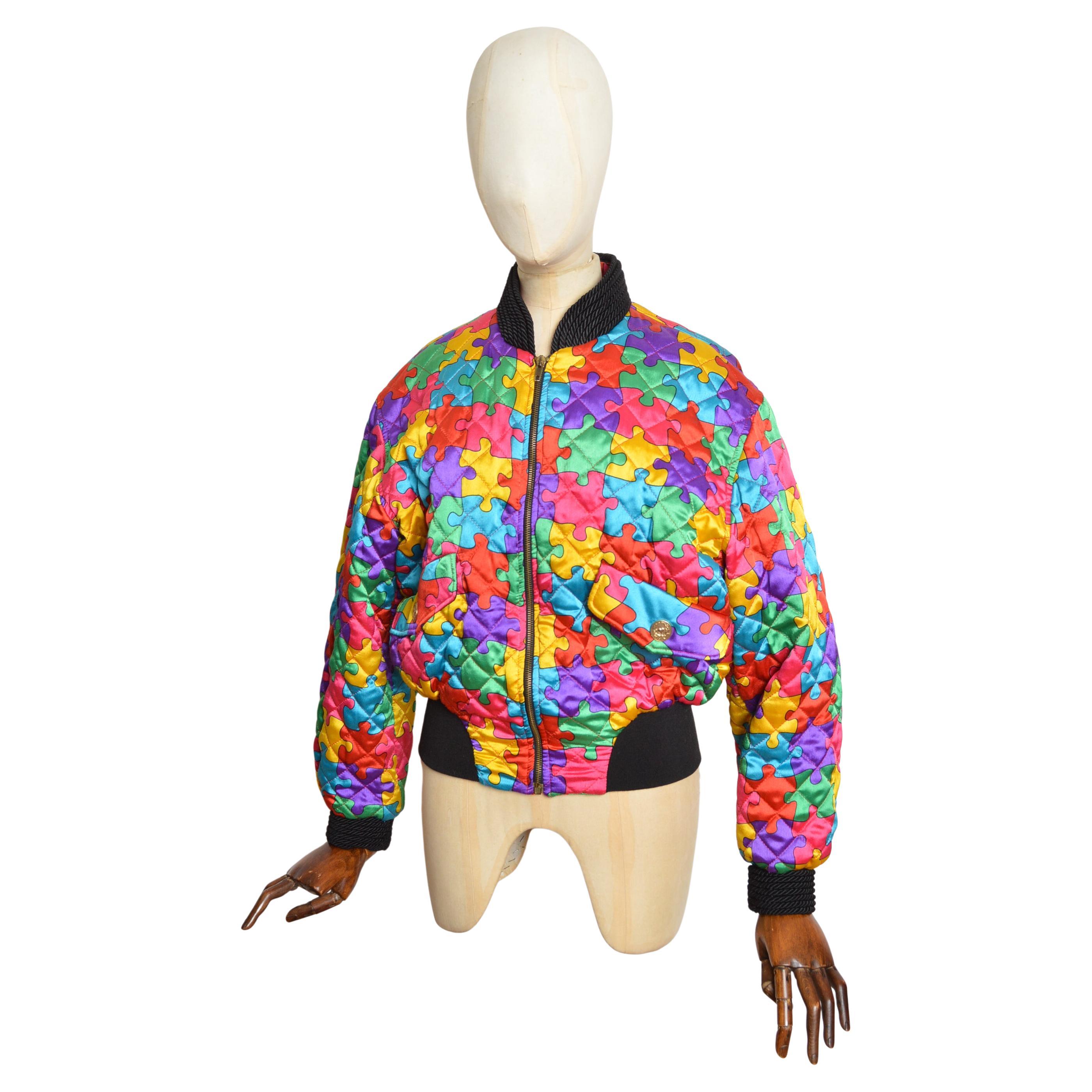 1992 Ab Fab Franco Moschino Vintage Colourful Satin Jigsaw Puzzle Bomber Jacket
