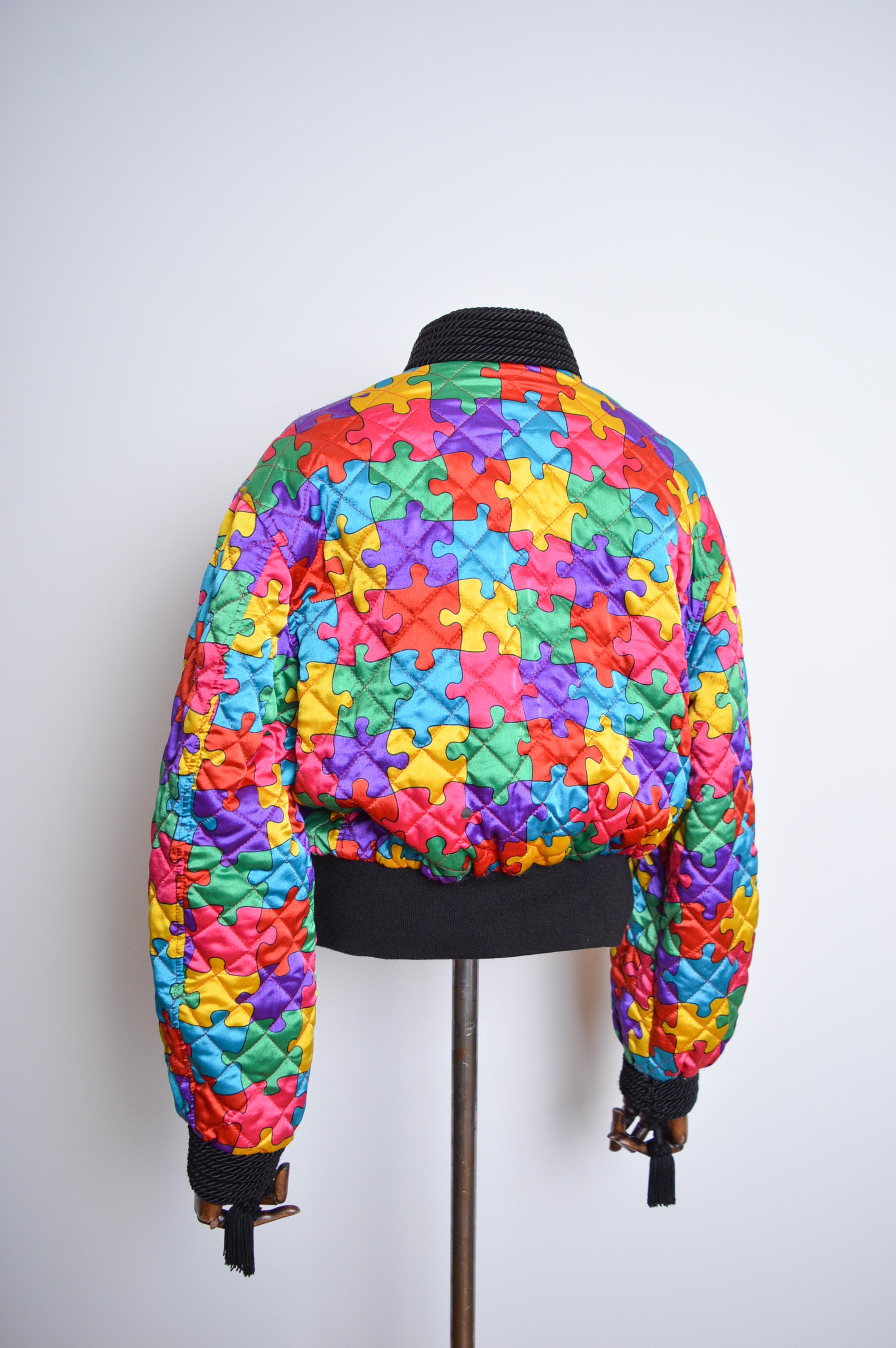 1992 Ab Fab Vintage Franco Moschino Colourful Satin Jigsaw Puzzle Bomber Jacket For Sale 8