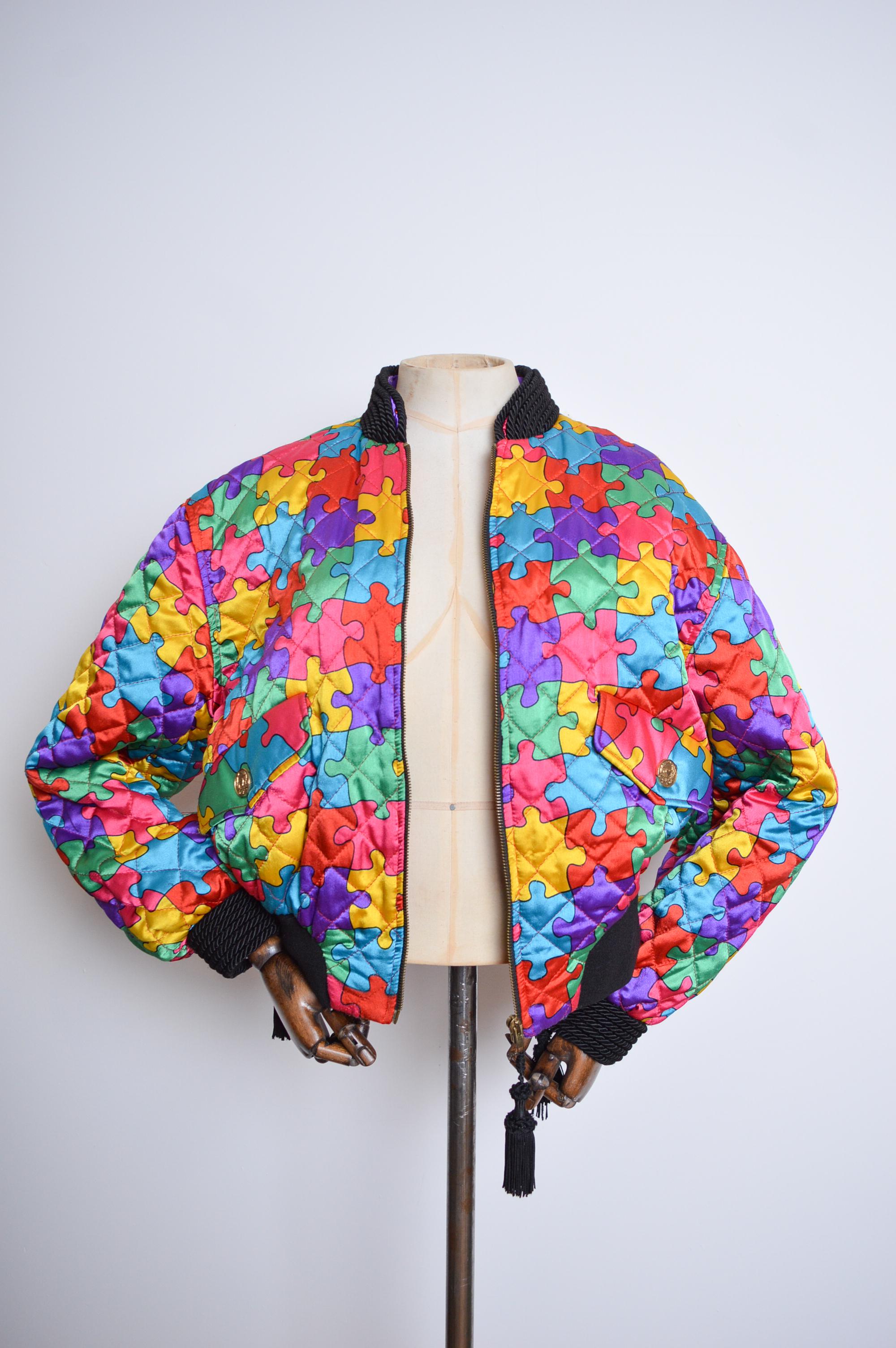 1992 Ab Fab Vintage Franco Moschino Colourful Satin Jigsaw Puzzle Bomber Jacket For Sale 10