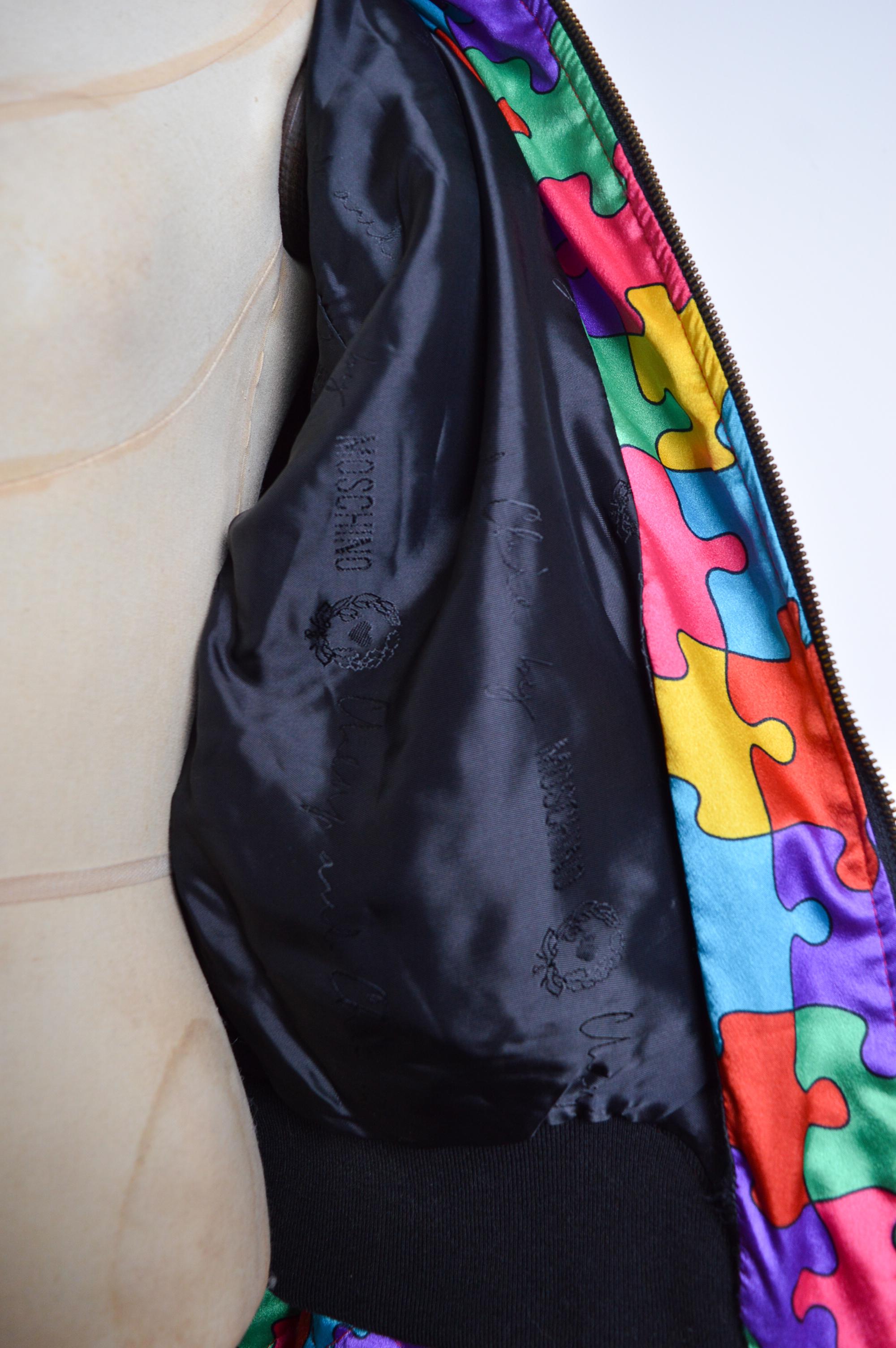 1992 Ab Fab Vintage Franco Moschino Colourful Satin Jigsaw Puzzle Bomber Jacket For Sale 11