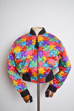 1992 Ab Fab Vintage Franco Moschino Colourful Satin Jigsaw Puzzle Bomber Jacket