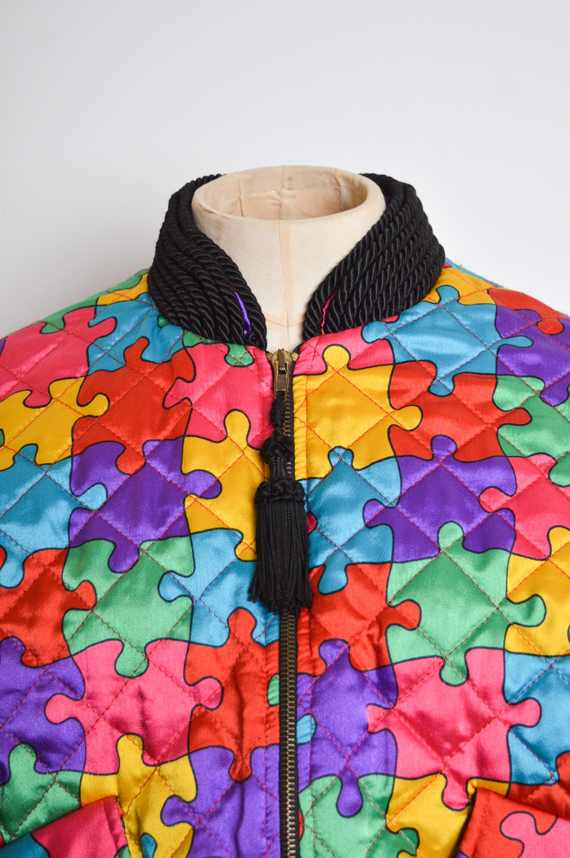 1992 Ab Fab Vintage Franco Moschino Colourful Satin Jigsaw Puzzle Bomber Jacket In Good Condition For Sale In Sheffield, GB