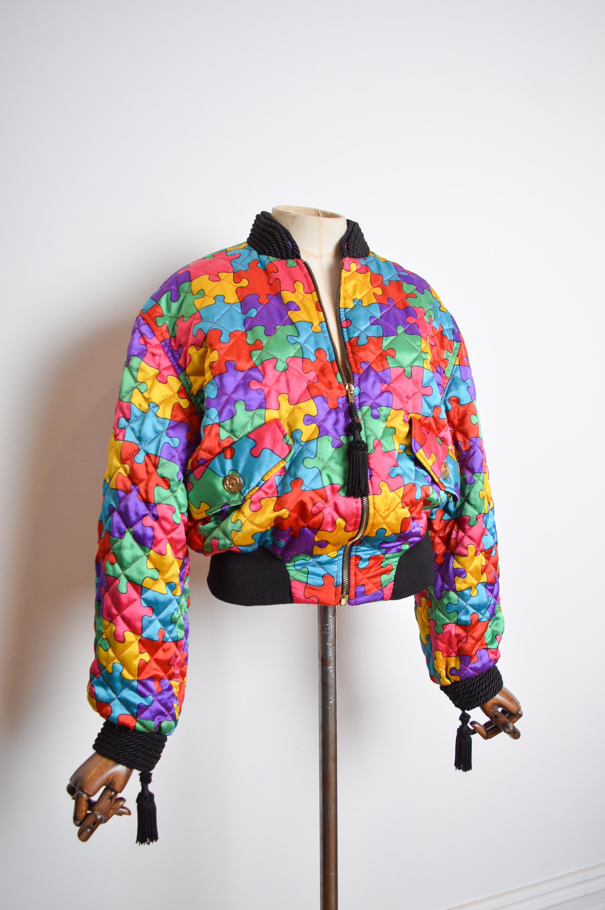 Women's 1992 Ab Fab Vintage Franco Moschino Colourful Satin Jigsaw Puzzle Bomber Jacket For Sale