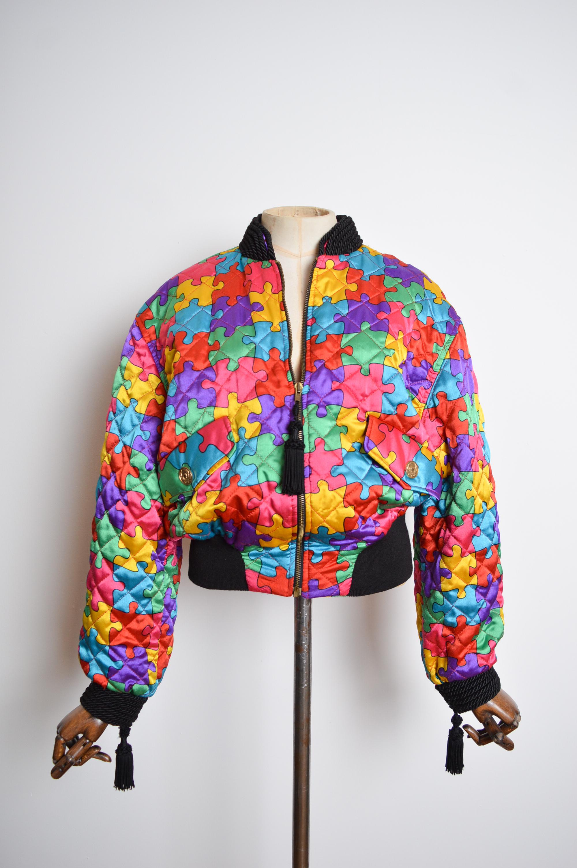 1992 Ab Fab Vintage Franco Moschino Colourful Satin Jigsaw Puzzle Bomber Jacket For Sale 2