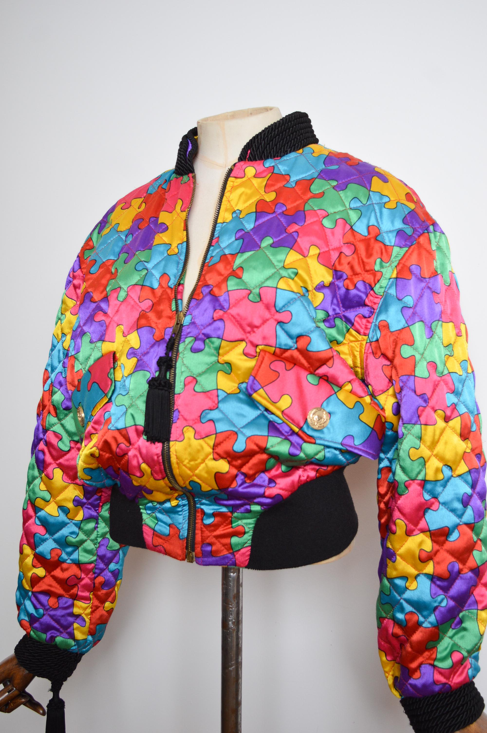 1992 Ab Fab Vintage Franco Moschino Colourful Satin Jigsaw Puzzle Bomber Jacket For Sale 4