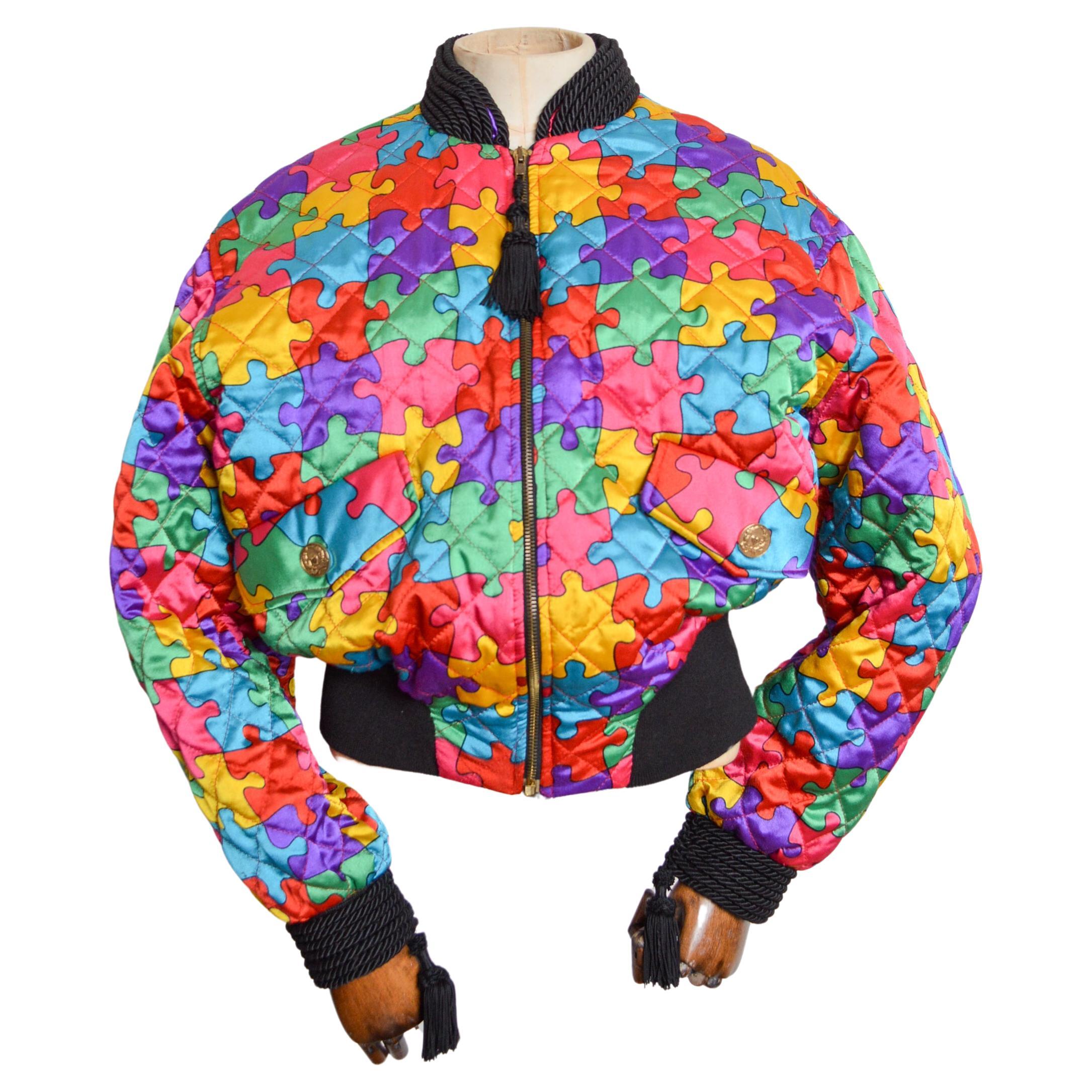 1992 Ab Fab Vintage Franco Moschino Colourful Satin Jigsaw Puzzle Bomber Jacket For Sale
