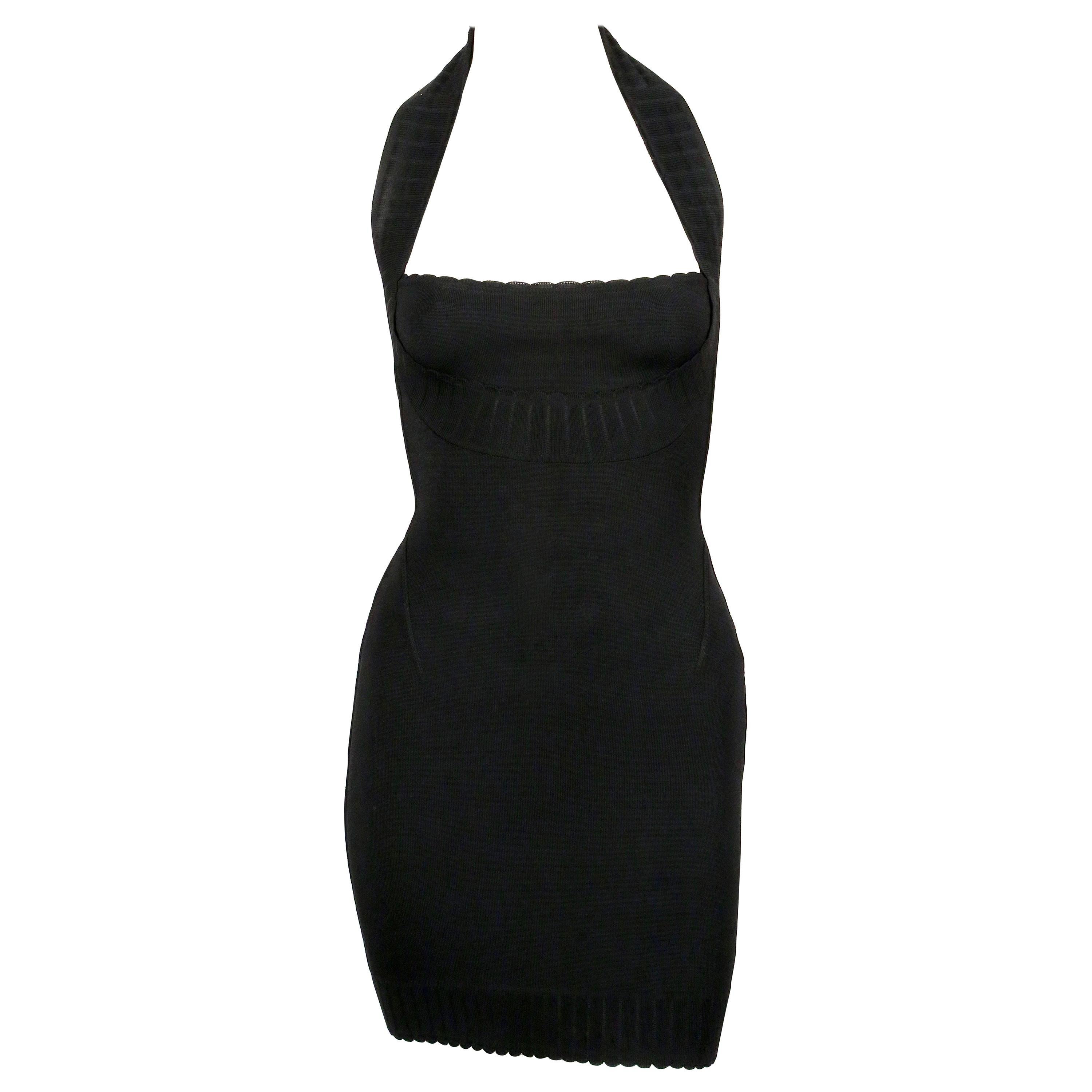 1992 AZZEDINE ALAIA black halterneck mini dress with scalloped trim